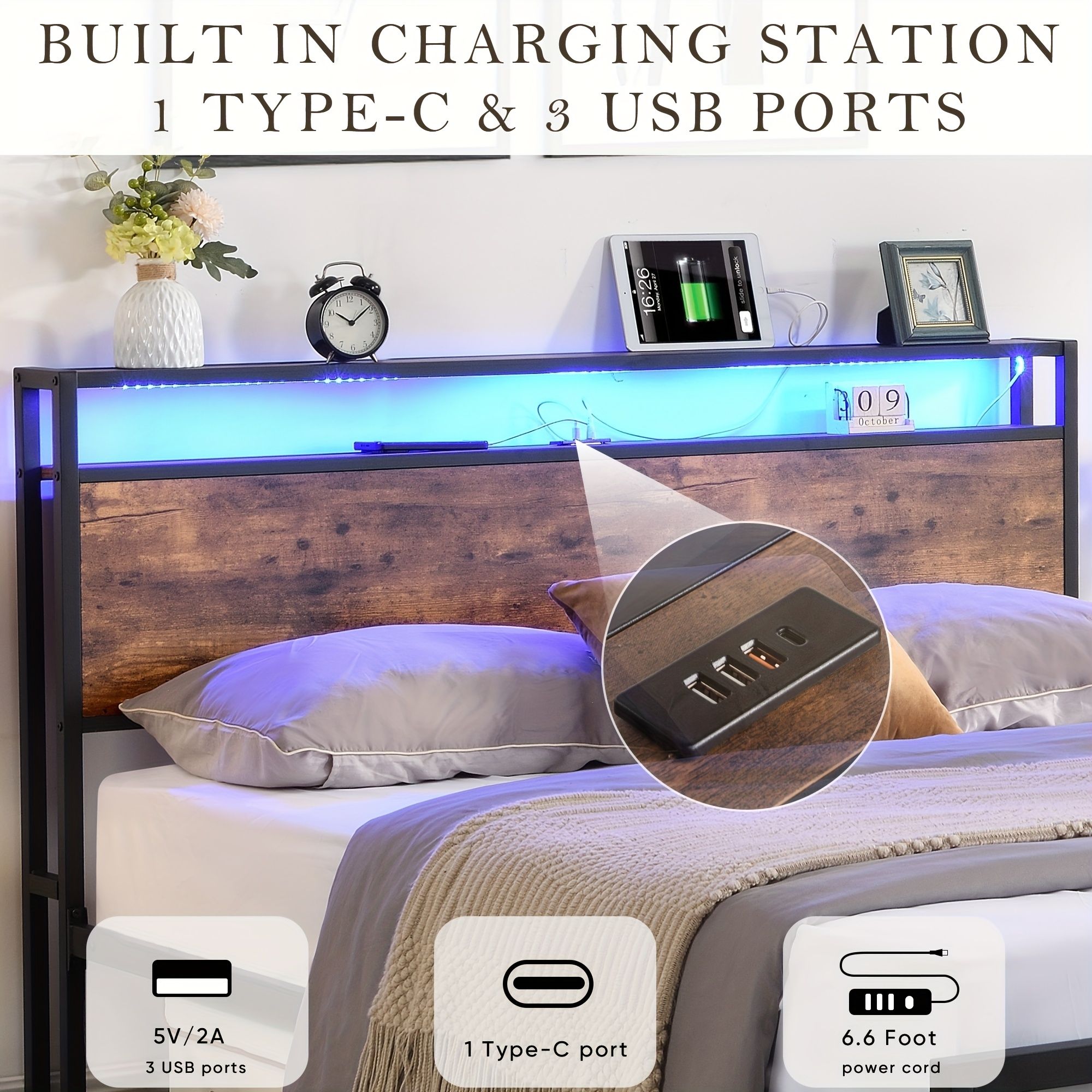 Double Bed Frame with Storage, Industrial Bed with Led Lights Headboard and 2 Drawers, Wooden Bed Frames with Charging Station, Noise Free, No Box Spring Needed, Easy Assembly, Rustic Brown - Image 6