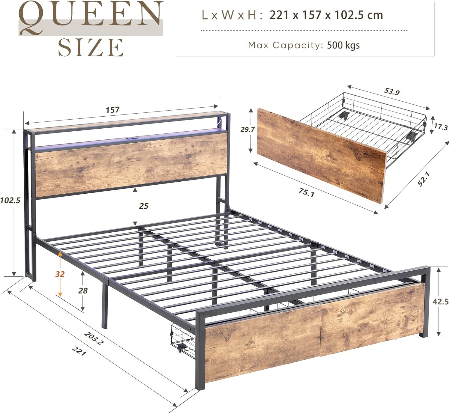 Queen Bed Frame with Storage, Industrial Bed with Led Lights Headboard and 2 Drawers, Wooden Bed Frames with Charging Station, Noise Free, No Box Spring Needed, Easy Assembly, Rustic Brown - Image 2