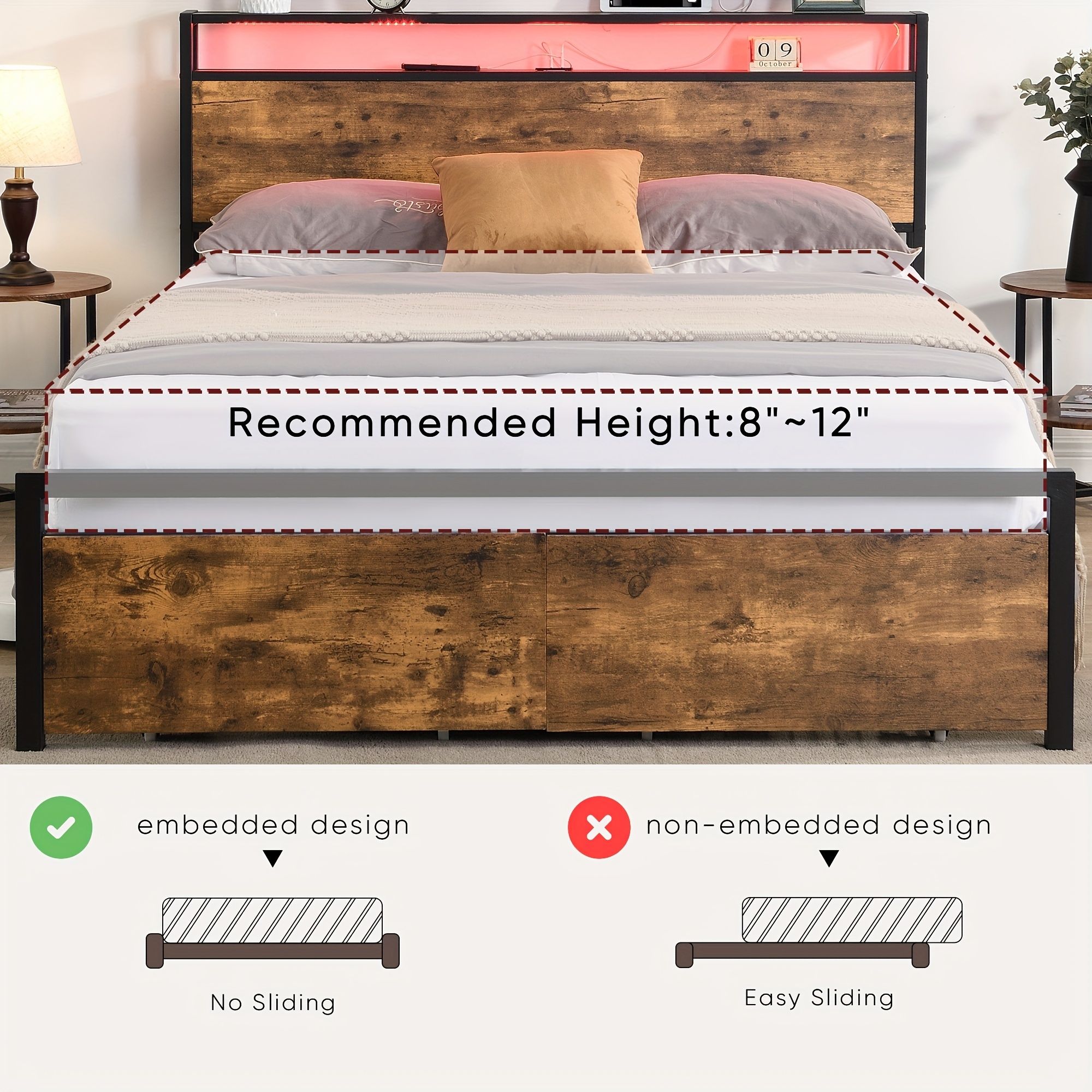 Queen Bed Frame with Storage, Industrial Bed with Led Lights Headboard and 2 Drawers, Wooden Bed Frames with Charging Station, Noise Free, No Box Spring Needed, Easy Assembly, Rustic Brown - Image 4