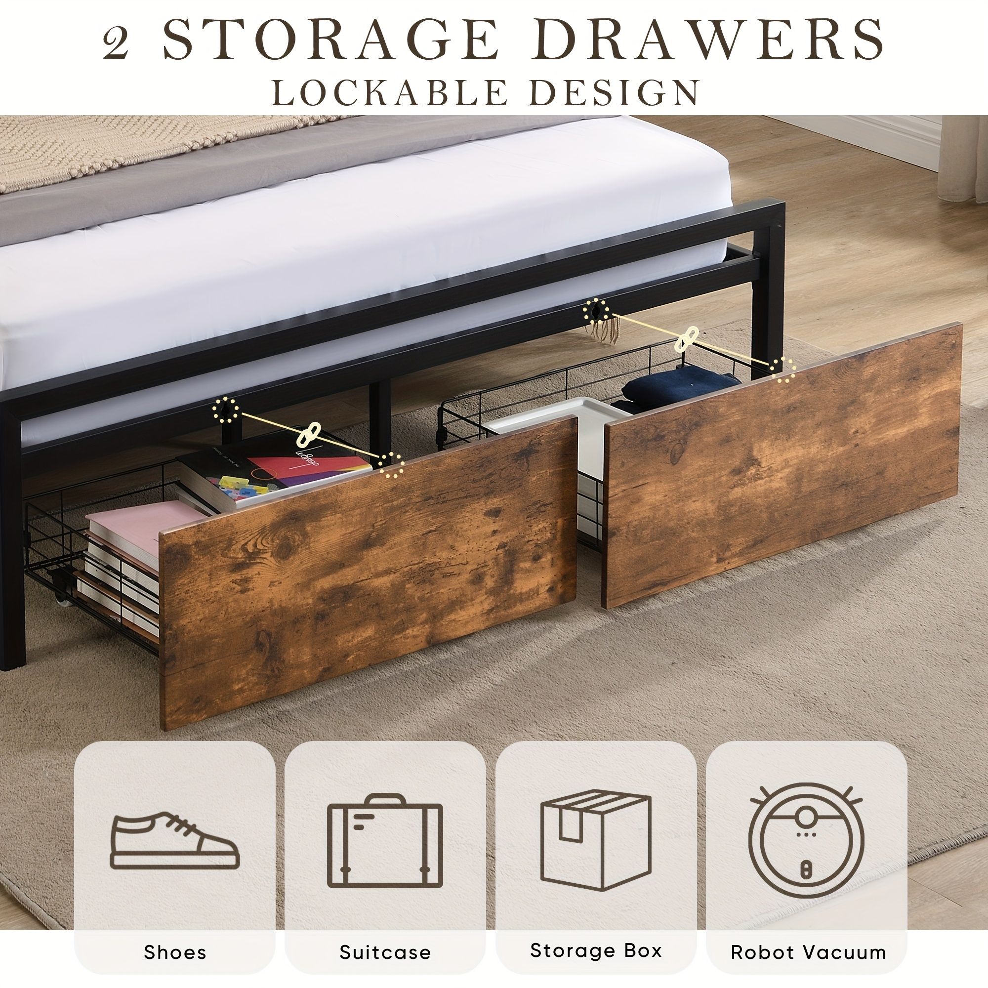 Queen Bed Frame with Storage, Industrial Bed with Led Lights Headboard and 2 Drawers, Wooden Bed Frames with Charging Station, Noise Free, No Box Spring Needed, Easy Assembly, Rustic Brown - Image 5