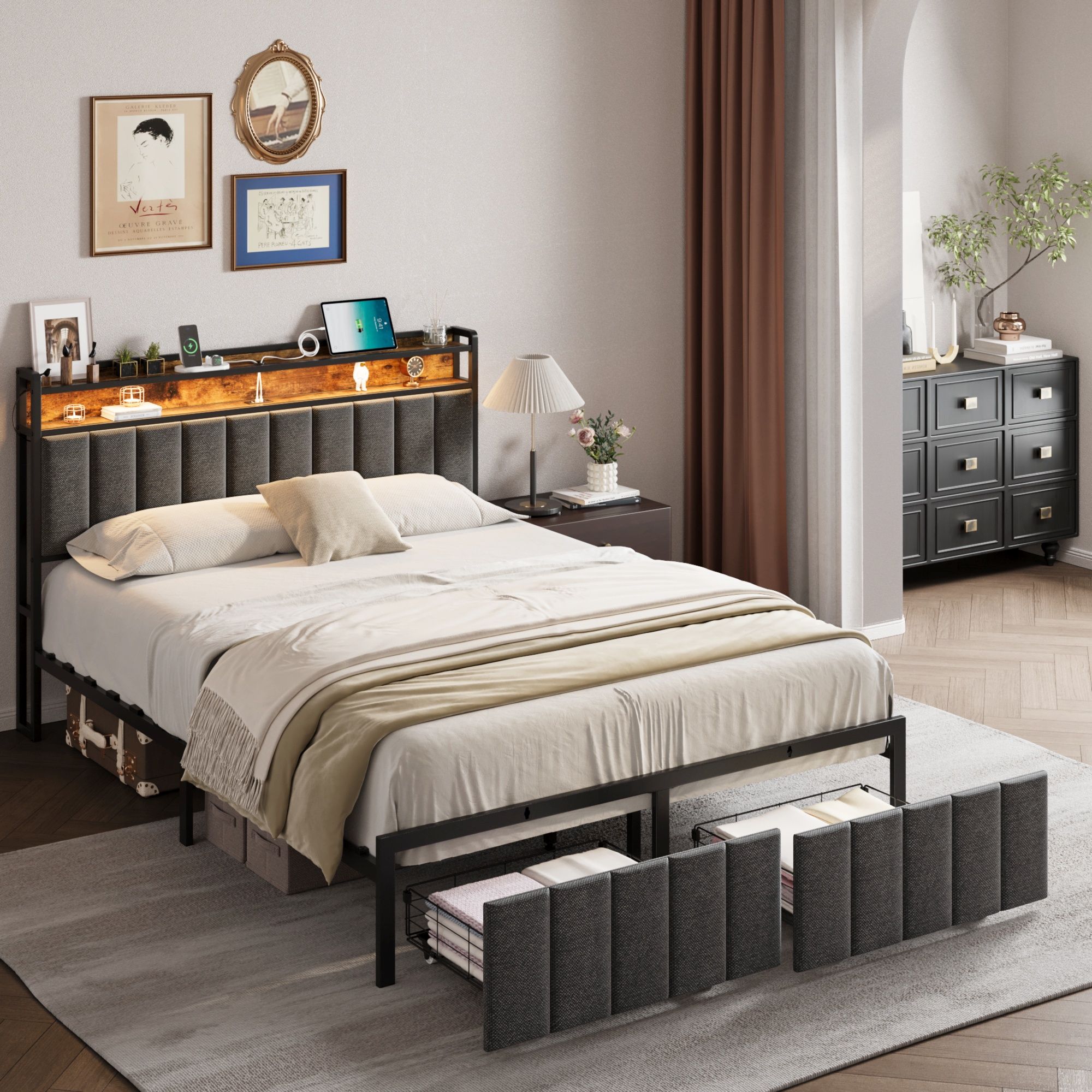 Double Bed Frame with 2 Storage Drawers and LED Lights Headboard, Upholstered Bed Frame with Charging Station, No Box Spring Needed, Easy Assembly - Grey - Image 1