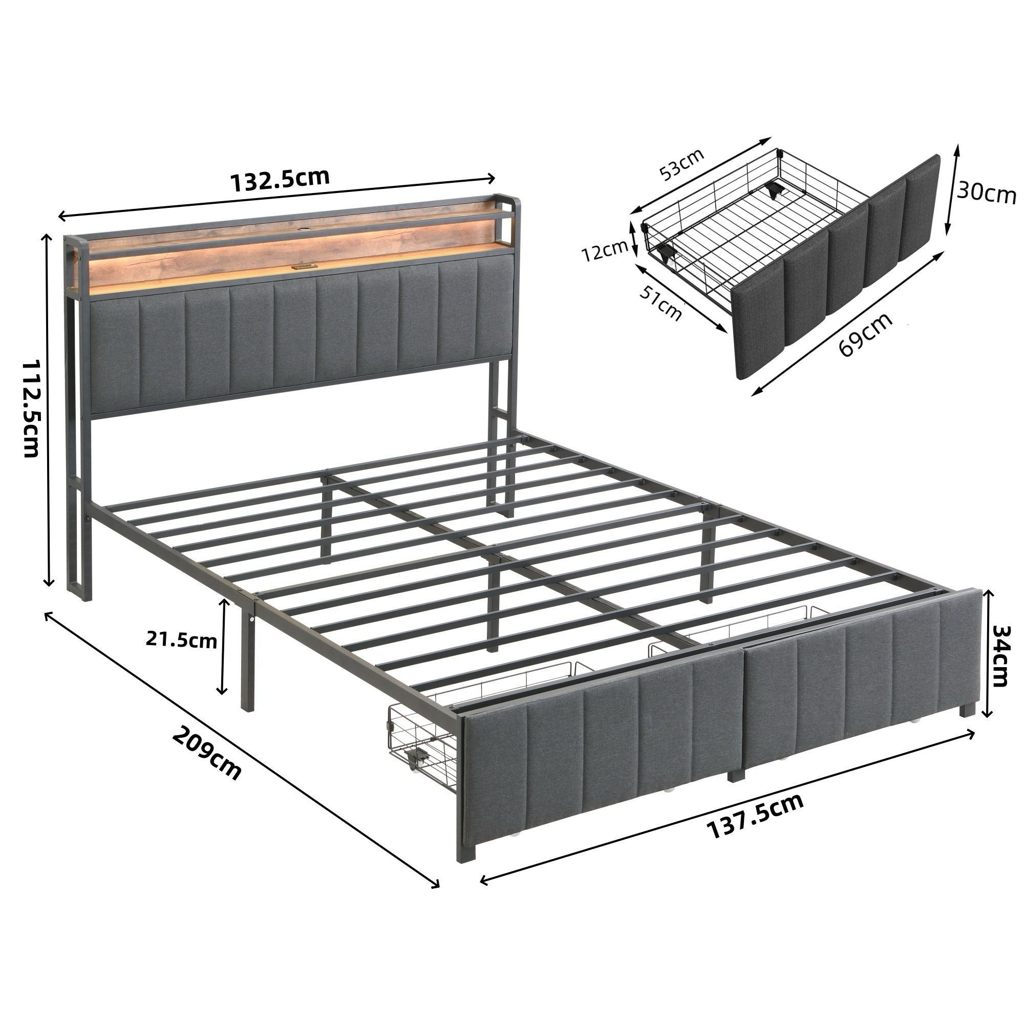 Double Bed Frame with 2 Storage Drawers and LED Lights Headboard, Upholstered Bed Frame with Charging Station, No Box Spring Needed, Easy Assembly - Grey - Image 2