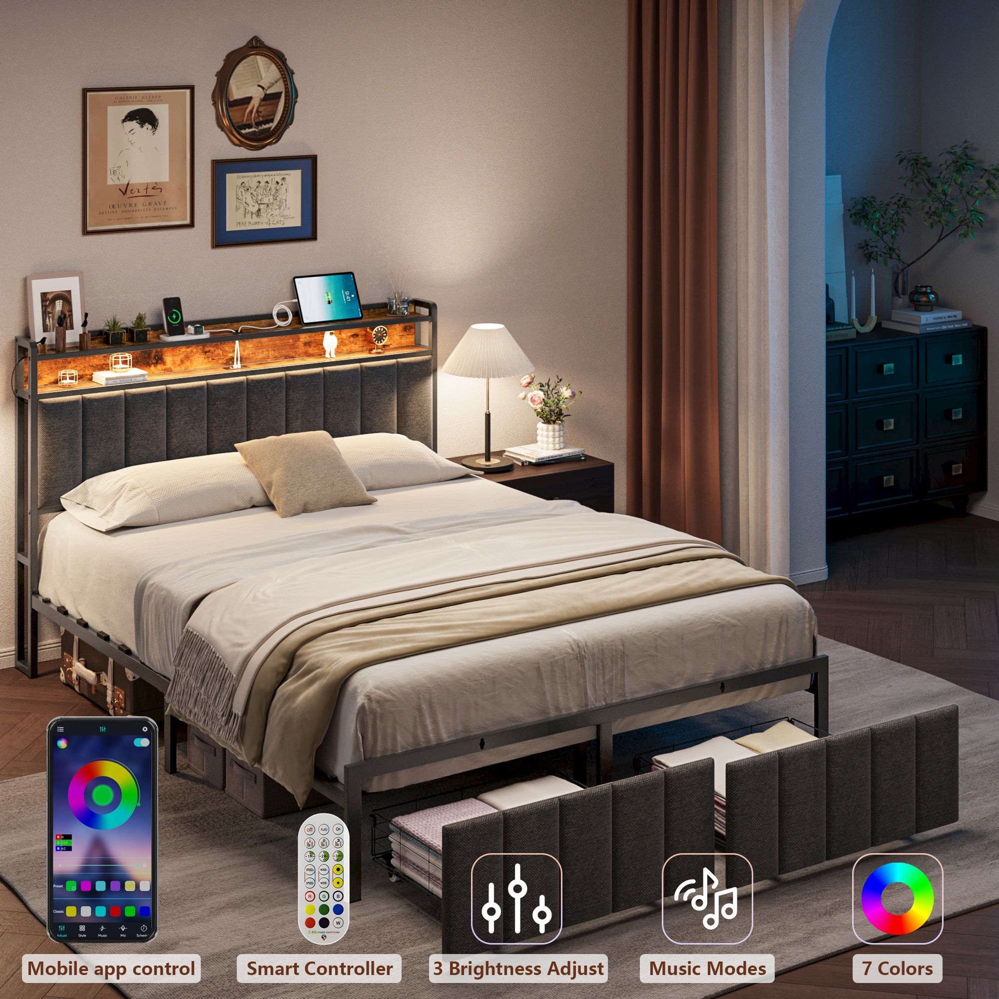 Double Bed Frame with 2 Storage Drawers and LED Lights Headboard, Upholstered Bed Frame with Charging Station, No Box Spring Needed, Easy Assembly - Grey - Image 3