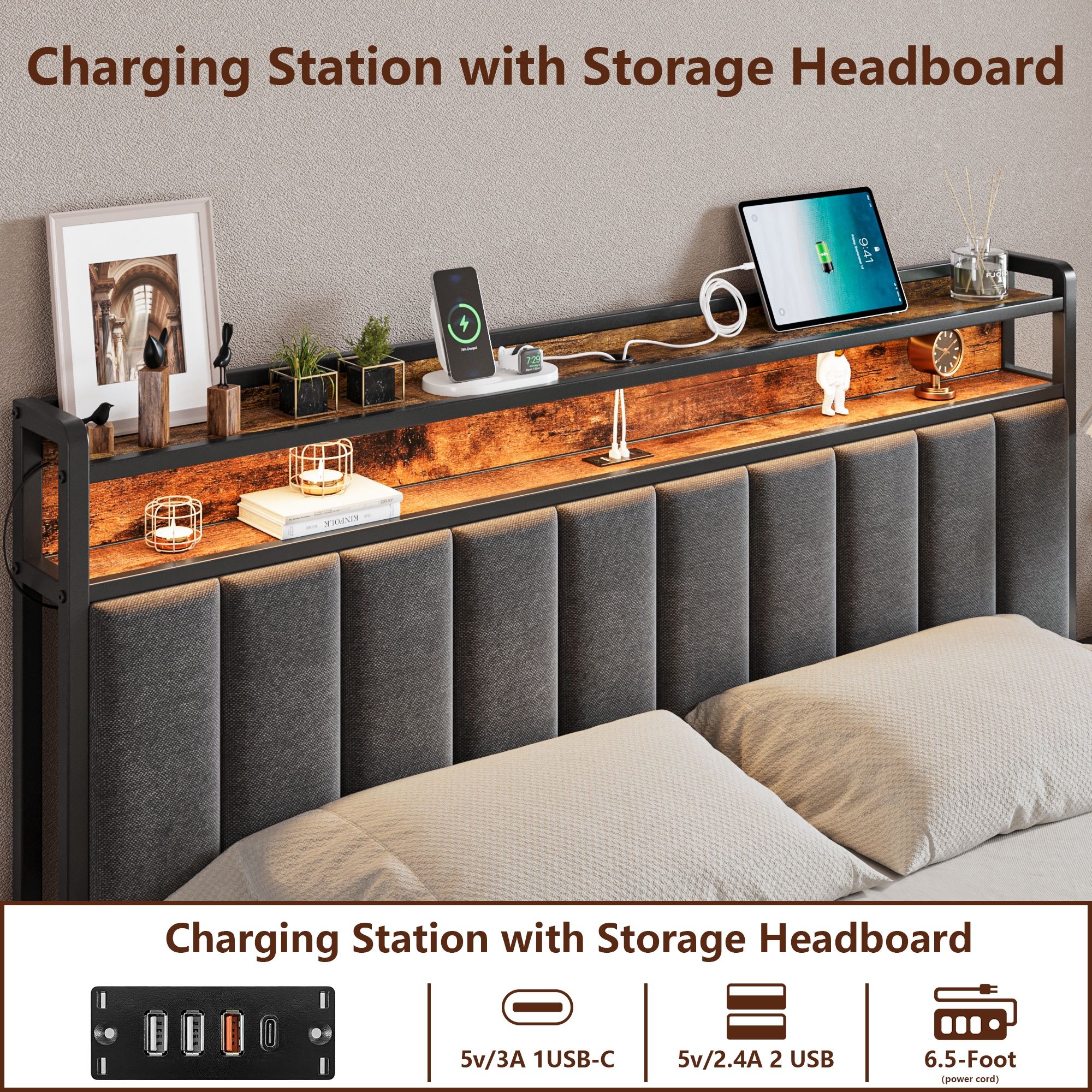 Double Bed Frame with 2 Storage Drawers and LED Lights Headboard, Upholstered Bed Frame with Charging Station, No Box Spring Needed, Easy Assembly - Grey - Image 4