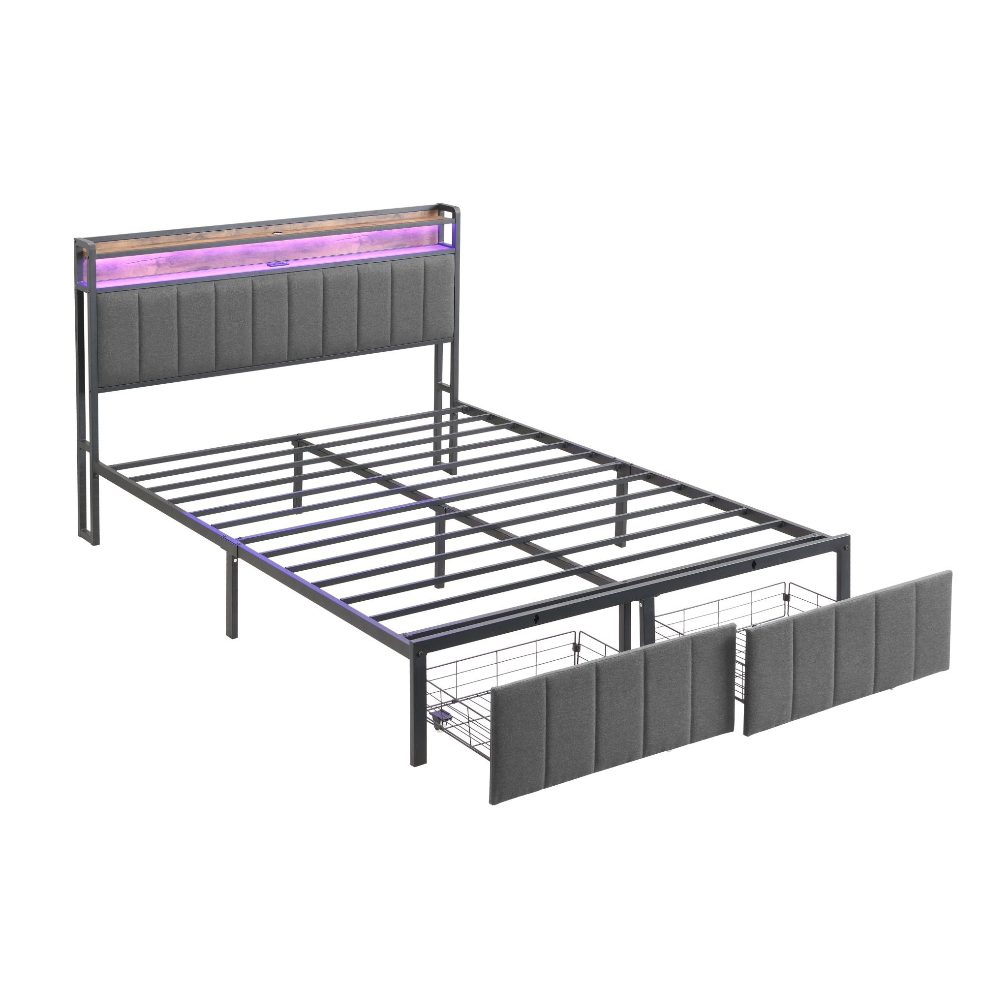 Double Bed Frame with 2 Storage Drawers and LED Lights Headboard, Upholstered Bed Frame with Charging Station, No Box Spring Needed, Easy Assembly - Grey - Image 5