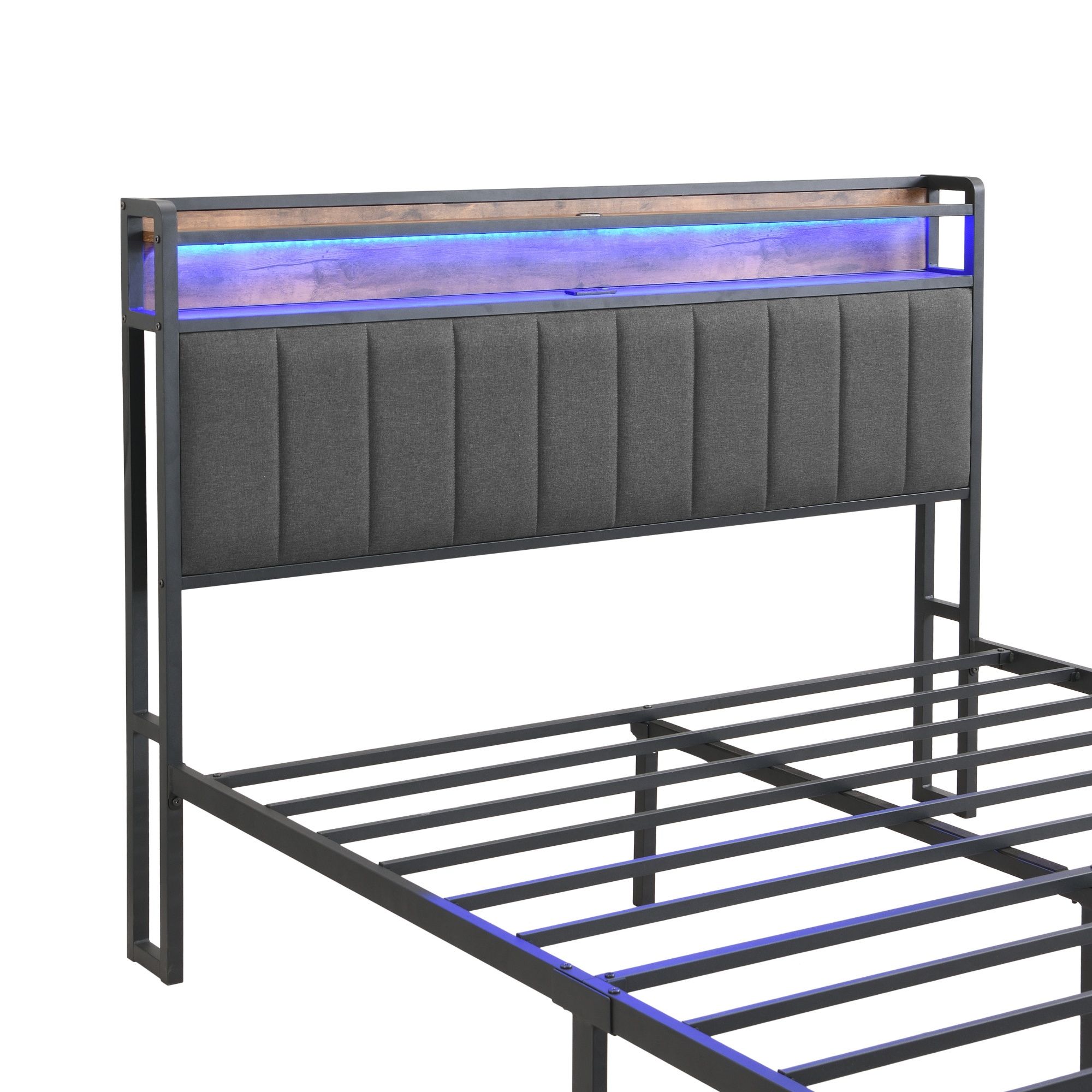 Double Bed Frame with 2 Storage Drawers and LED Lights Headboard, Upholstered Bed Frame with Charging Station, No Box Spring Needed, Easy Assembly - Grey - Image 6