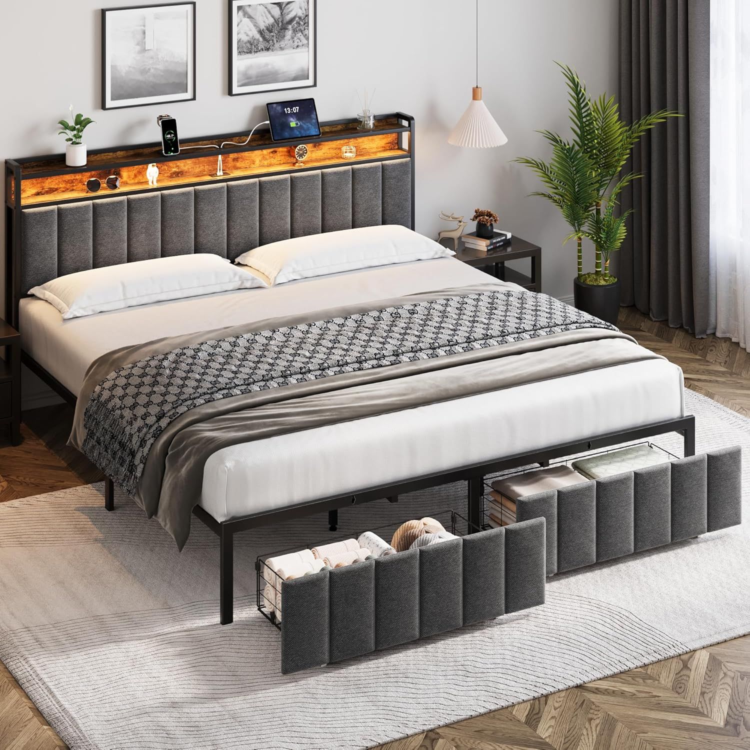 King Bed Frame with 2 Storage Drawers and LED Lights Headboard, Upholstered Bed Frame with Charging Station, No Box Spring Needed, Easy Assembly - Grey - Image 1