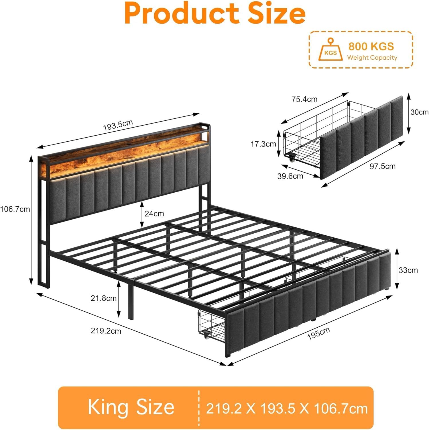 King Bed Frame with 2 Storage Drawers and LED Lights Headboard, Upholstered Bed Frame with Charging Station, No Box Spring Needed, Easy Assembly - Grey - Image 2