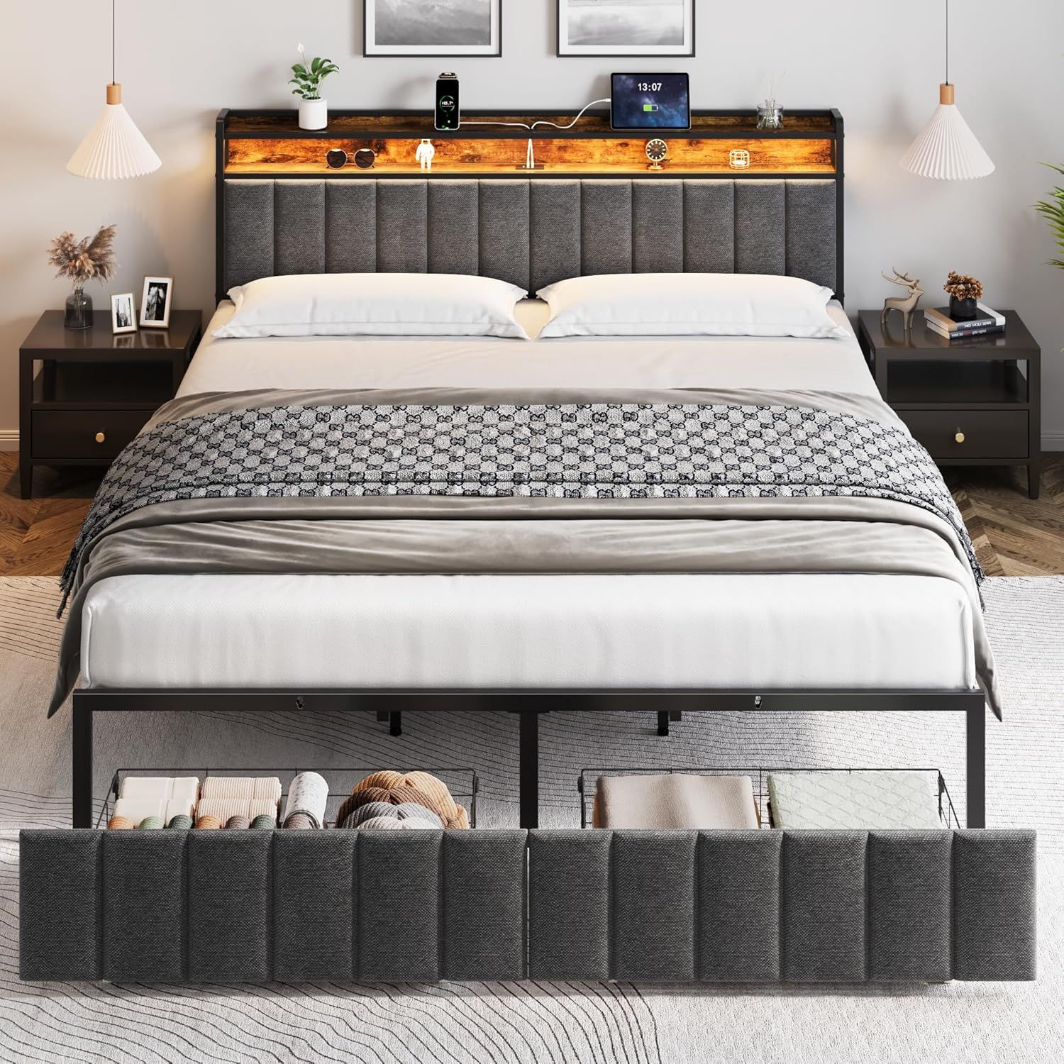 King Bed Frame with 2 Storage Drawers and LED Lights Headboard, Upholstered Bed Frame with Charging Station, No Box Spring Needed, Easy Assembly - Grey - Image 3
