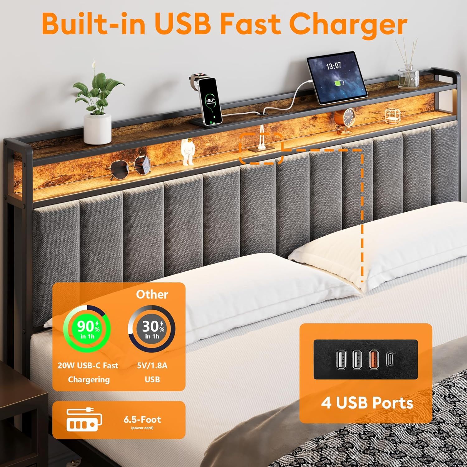 King Bed Frame with 2 Storage Drawers and LED Lights Headboard, Upholstered Bed Frame with Charging Station, No Box Spring Needed, Easy Assembly - Grey - Image 4