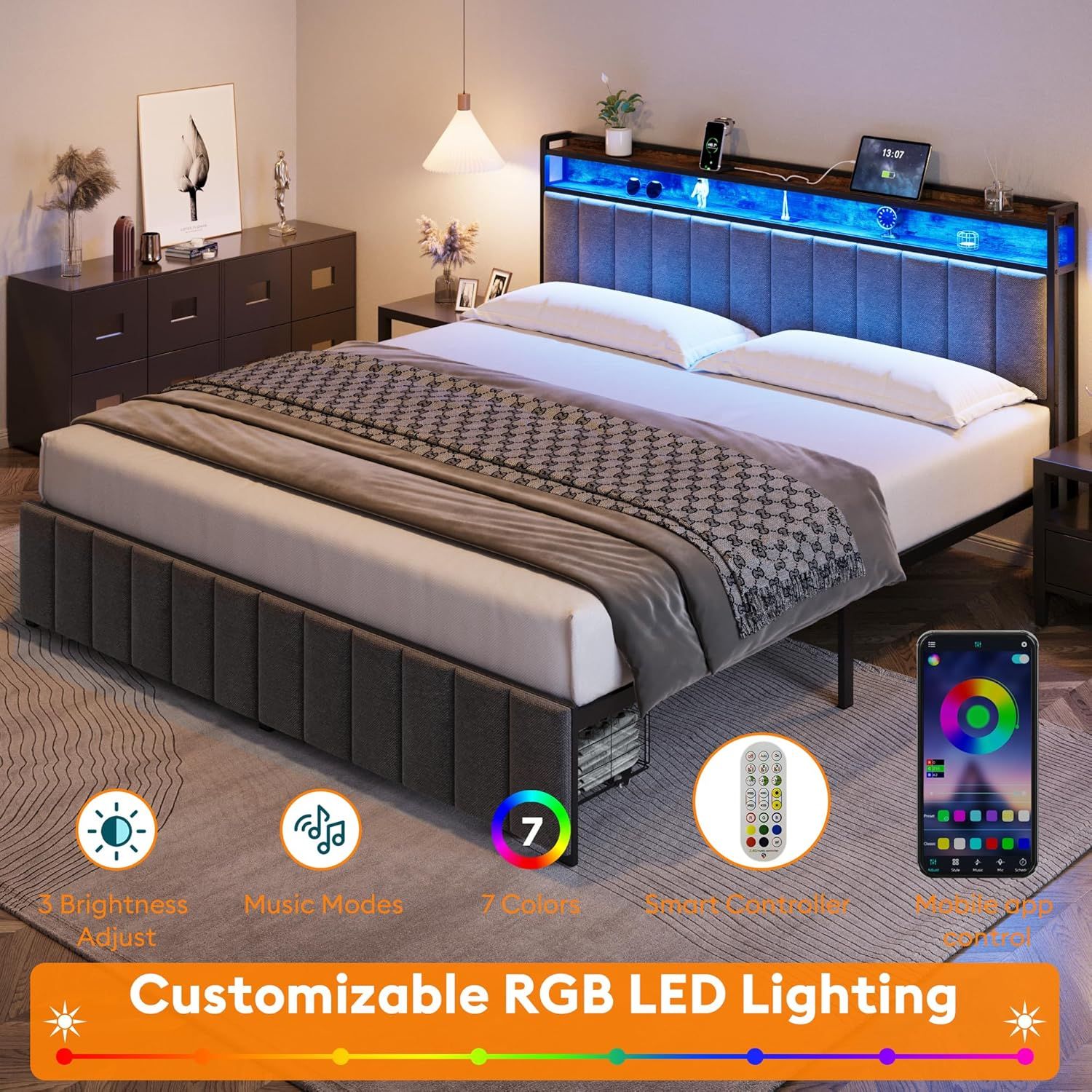 King Bed Frame with 2 Storage Drawers and LED Lights Headboard, Upholstered Bed Frame with Charging Station, No Box Spring Needed, Easy Assembly - Grey - Image 5