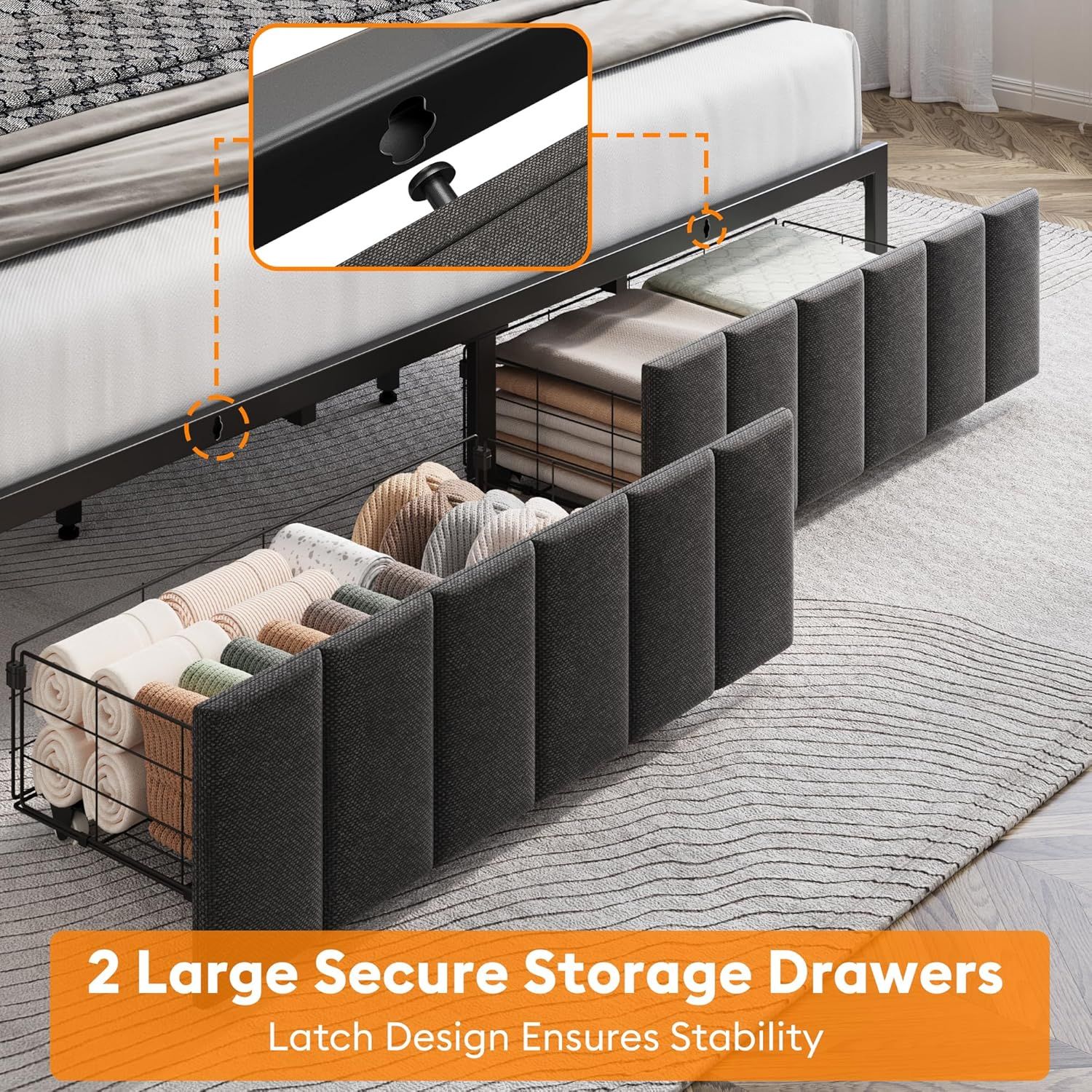 King Bed Frame with 2 Storage Drawers and LED Lights Headboard, Upholstered Bed Frame with Charging Station, No Box Spring Needed, Easy Assembly - Grey - Image 6