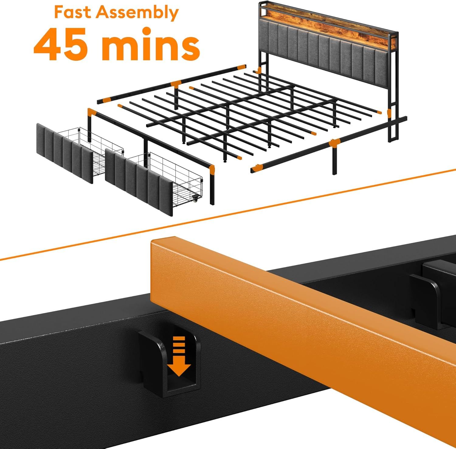 King Bed Frame with 2 Storage Drawers and LED Lights Headboard, Upholstered Bed Frame with Charging Station, No Box Spring Needed, Easy Assembly - Grey - Image 7