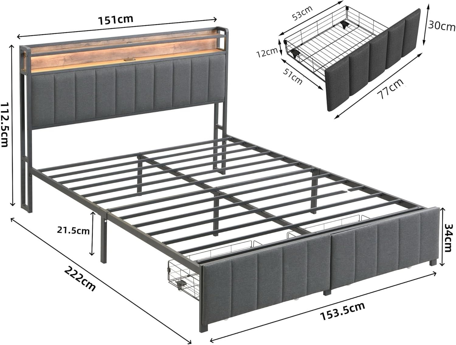 Queen Bed Frame with 2 Storage Drawers and LED Lights Headboard, Upholstered Bed Frame with Charging Station, No Box Spring Needed, Easy Assembly - Grey - Image 2
