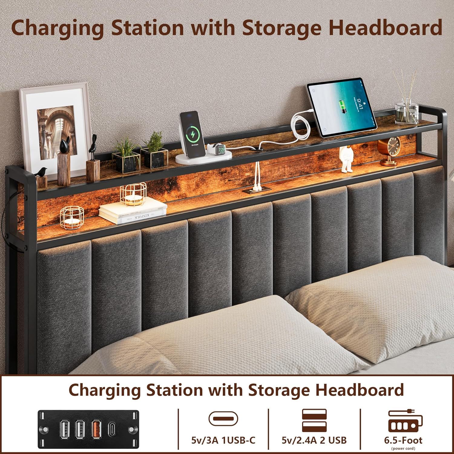 Queen Bed Frame with 2 Storage Drawers and LED Lights Headboard, Upholstered Bed Frame with Charging Station, No Box Spring Needed, Easy Assembly - Grey - Image 4
