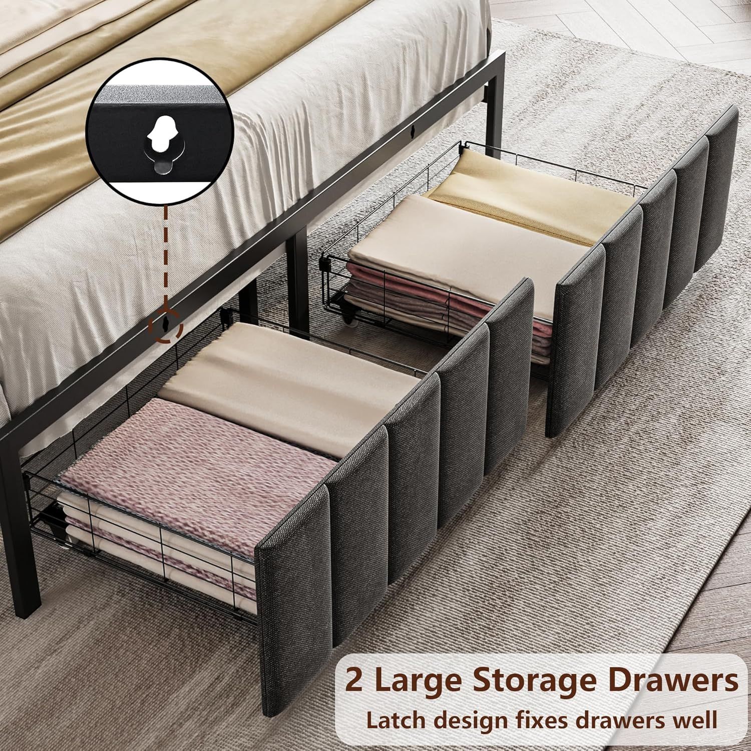 Queen Bed Frame with 2 Storage Drawers and LED Lights Headboard, Upholstered Bed Frame with Charging Station, No Box Spring Needed, Easy Assembly - Grey - Image 5