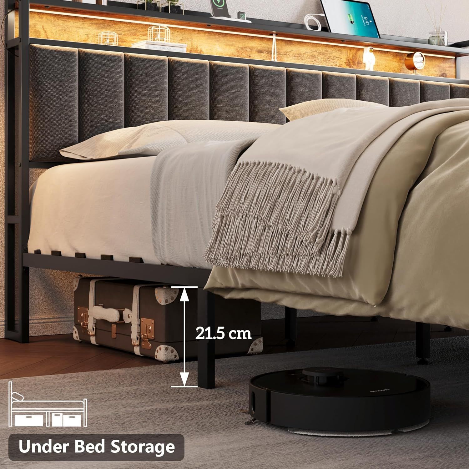 Queen Bed Frame with 2 Storage Drawers and LED Lights Headboard, Upholstered Bed Frame with Charging Station, No Box Spring Needed, Easy Assembly - Grey - Image 6