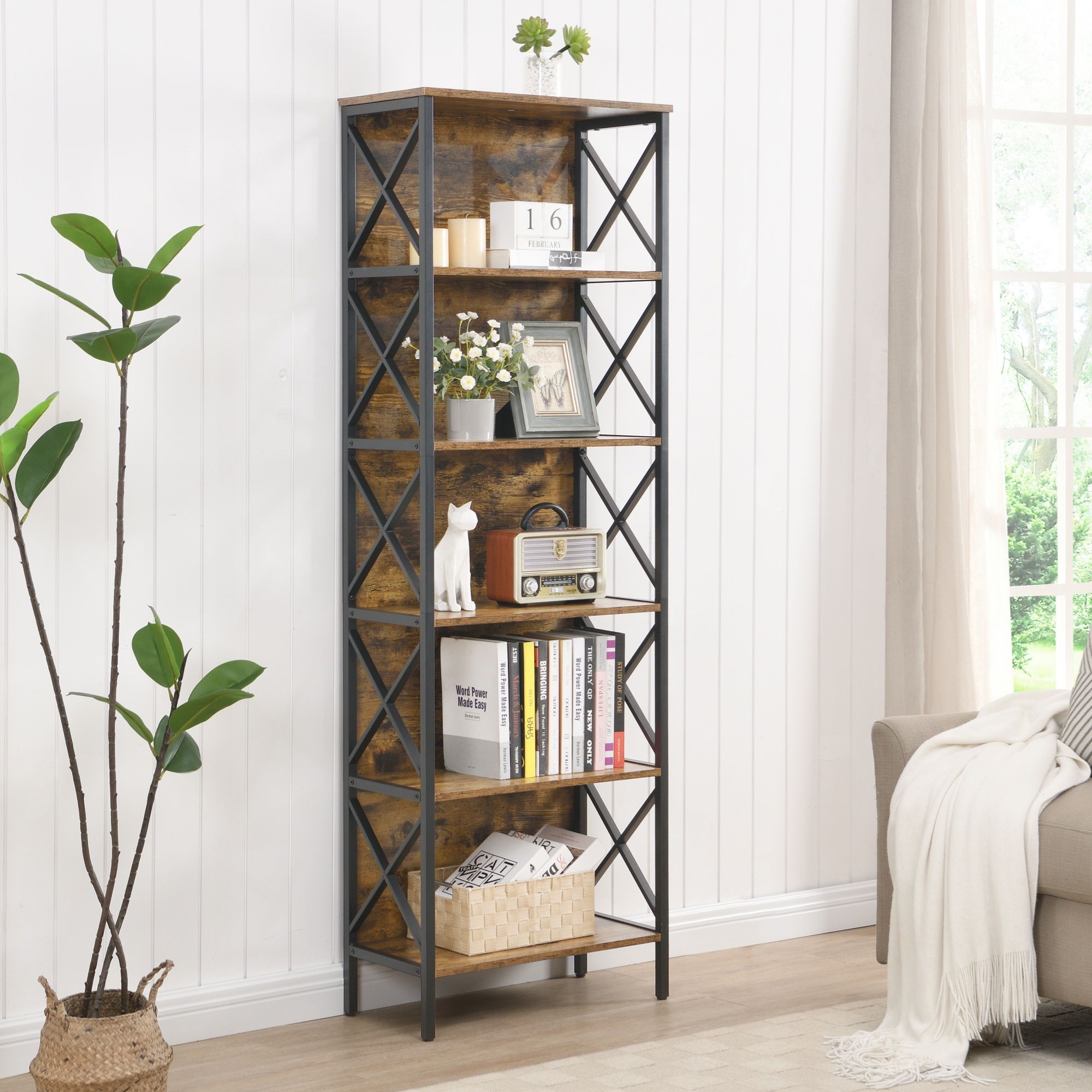 6 Tier Tall Bookshelf, Rustic Brown - Image 1