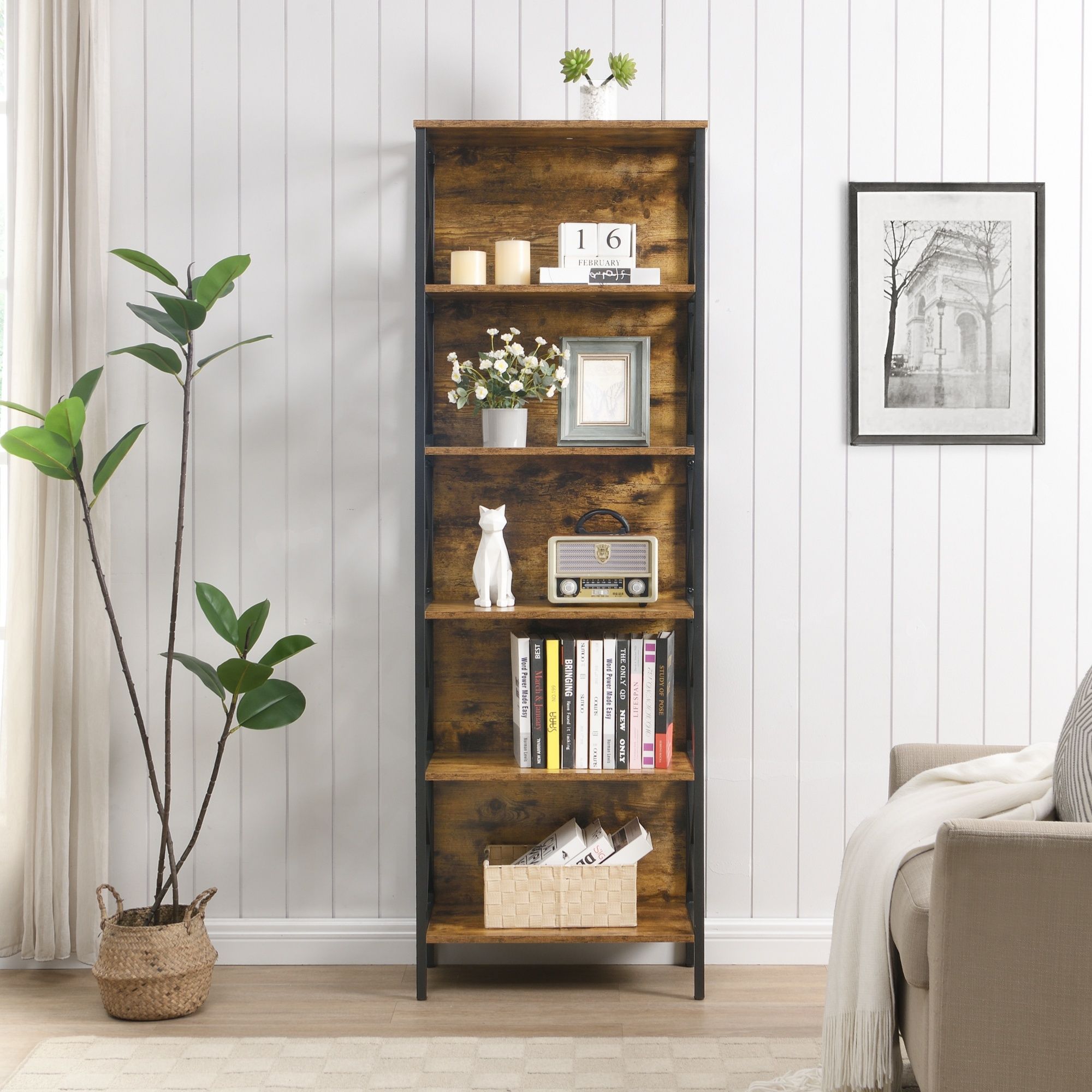 6 Tier Tall Bookshelf, Rustic Brown - Image 3