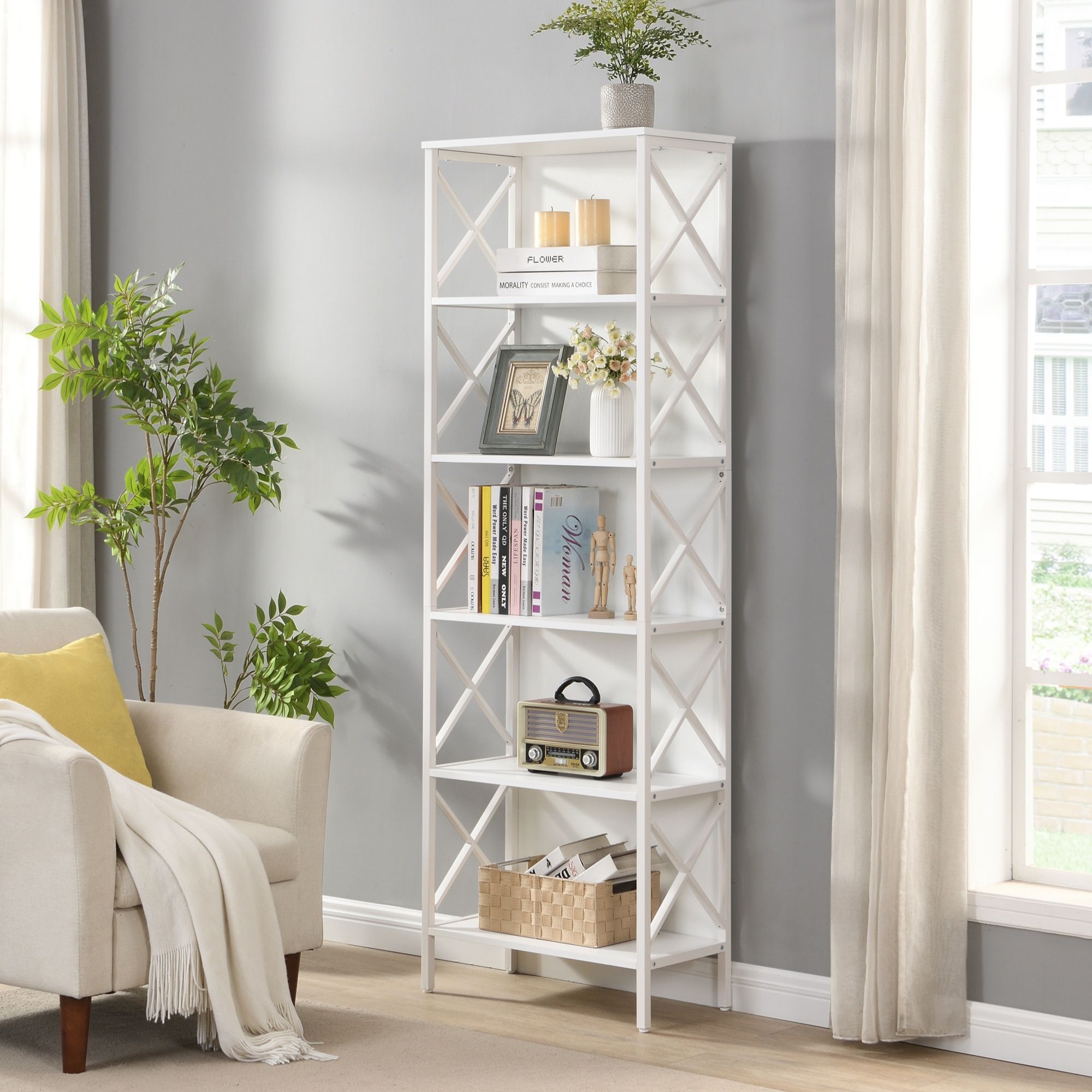 6 Tier Tall Bookshelf, White - Image 1