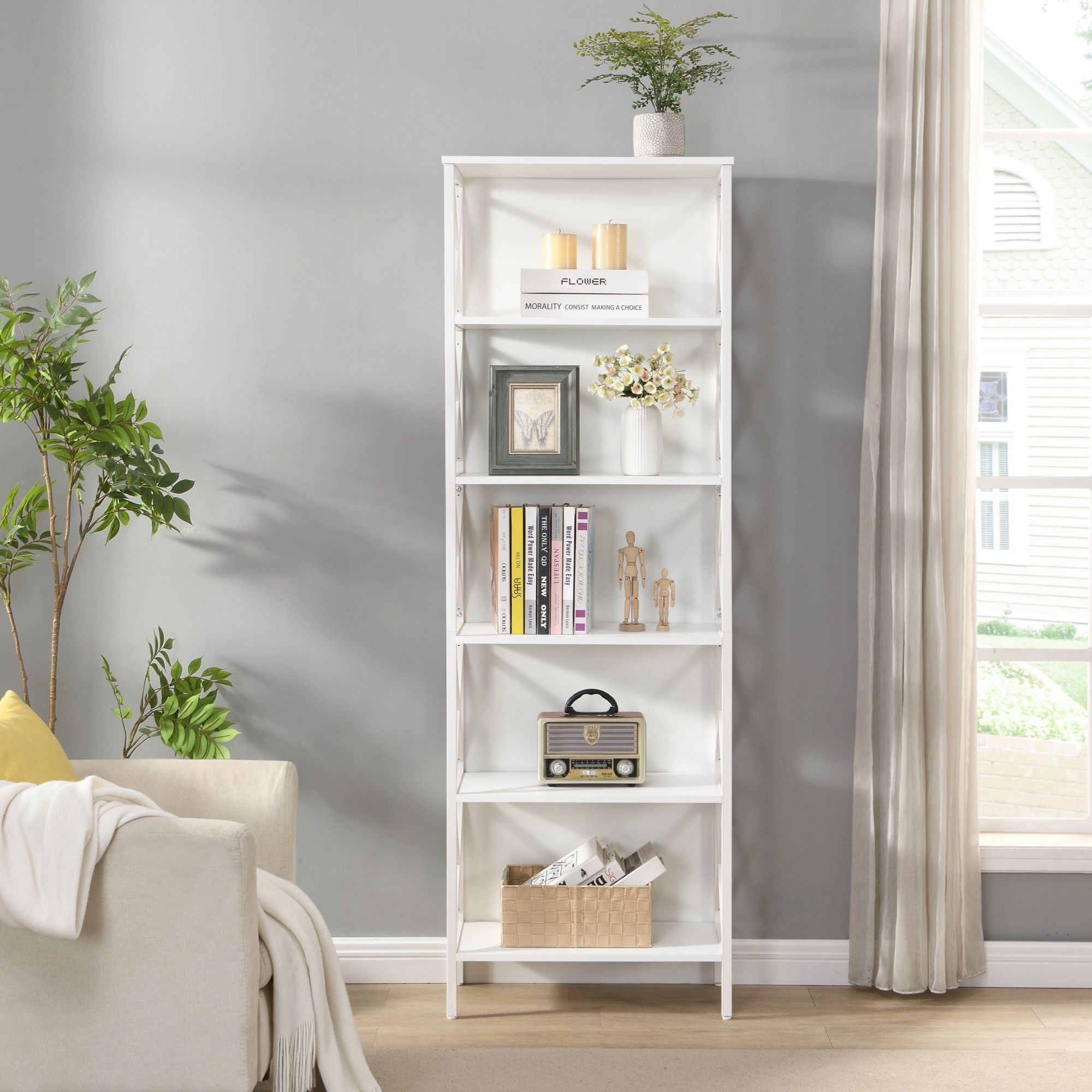 6 Tier Tall Bookshelf, White - Image 3