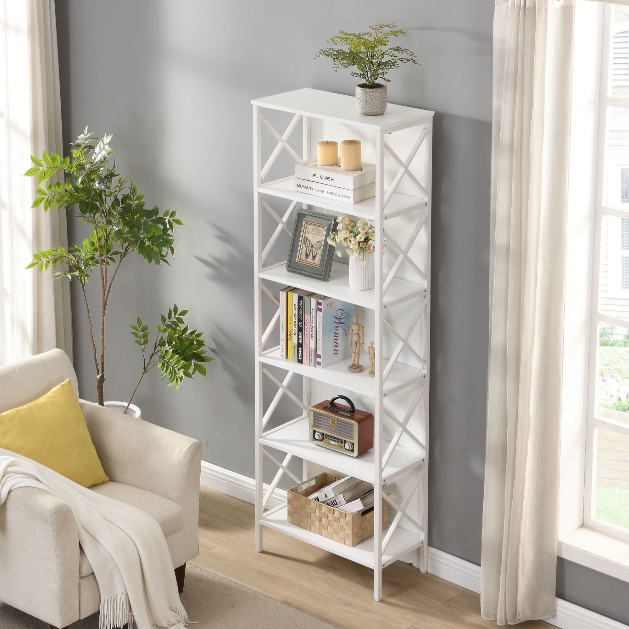 6 Tier Tall Bookshelf, White - Image 8