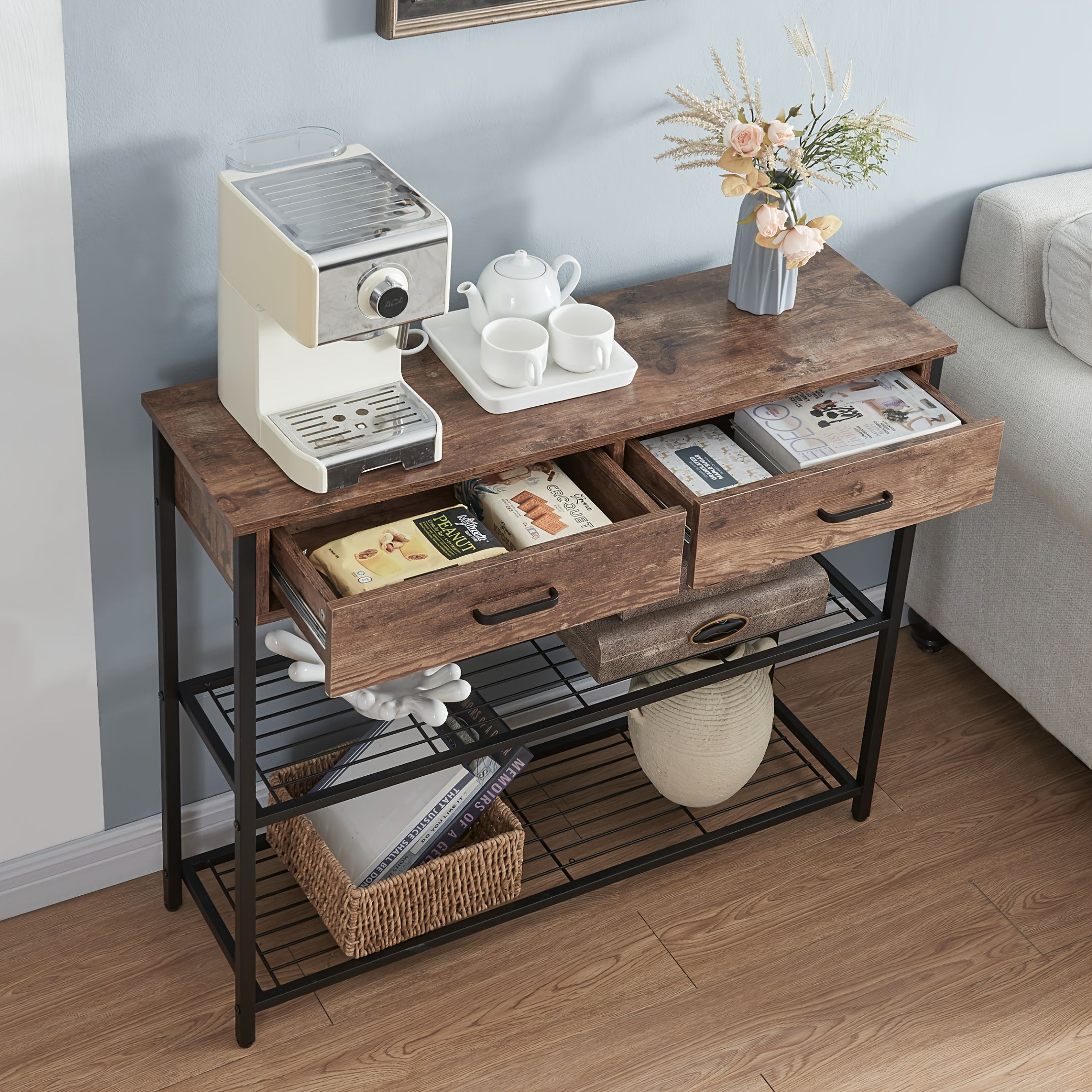 Entryway Table with 2 Drawers, Console Table with Storage Shelves, Sofa Table for Living Room, Entry Way Home Table for Couch, Hallway - Image 6