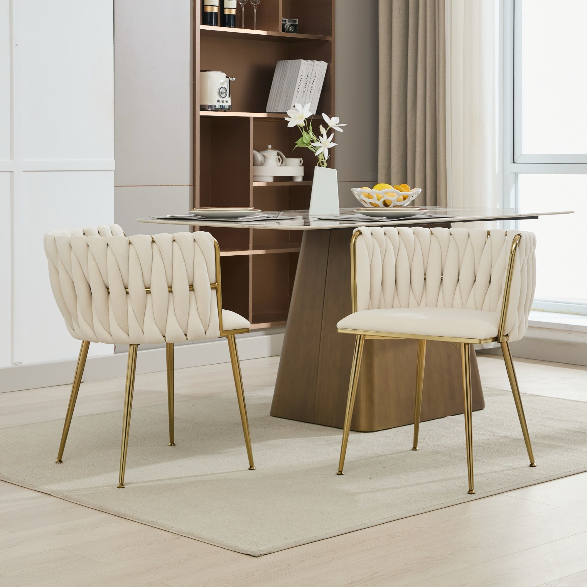 Set of 2 Velvet Upholstered Woven Dining Chairs with Golden Metal Legs, Beige - Image 1