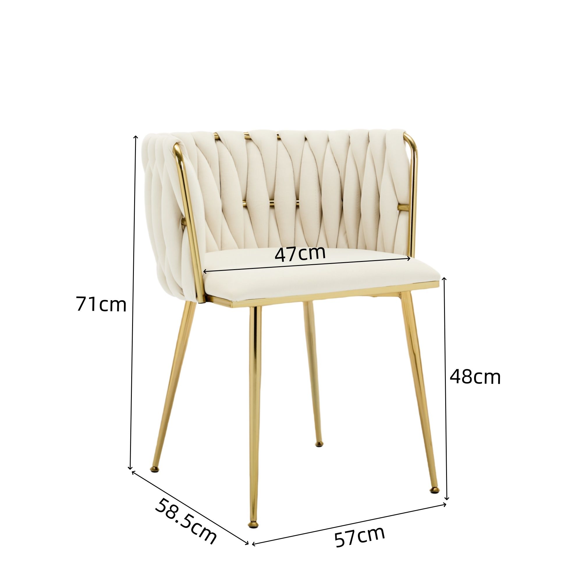 Set of 2 Velvet Upholstered Woven Dining Chairs with Golden Metal Legs, Beige - Image 2