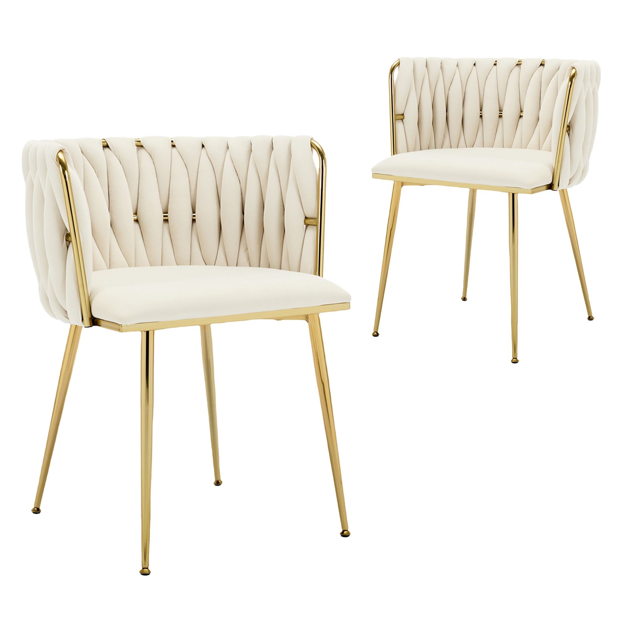 Set of 2 Velvet Upholstered Woven Dining Chairs with Golden Metal Legs, Beige - Image 3