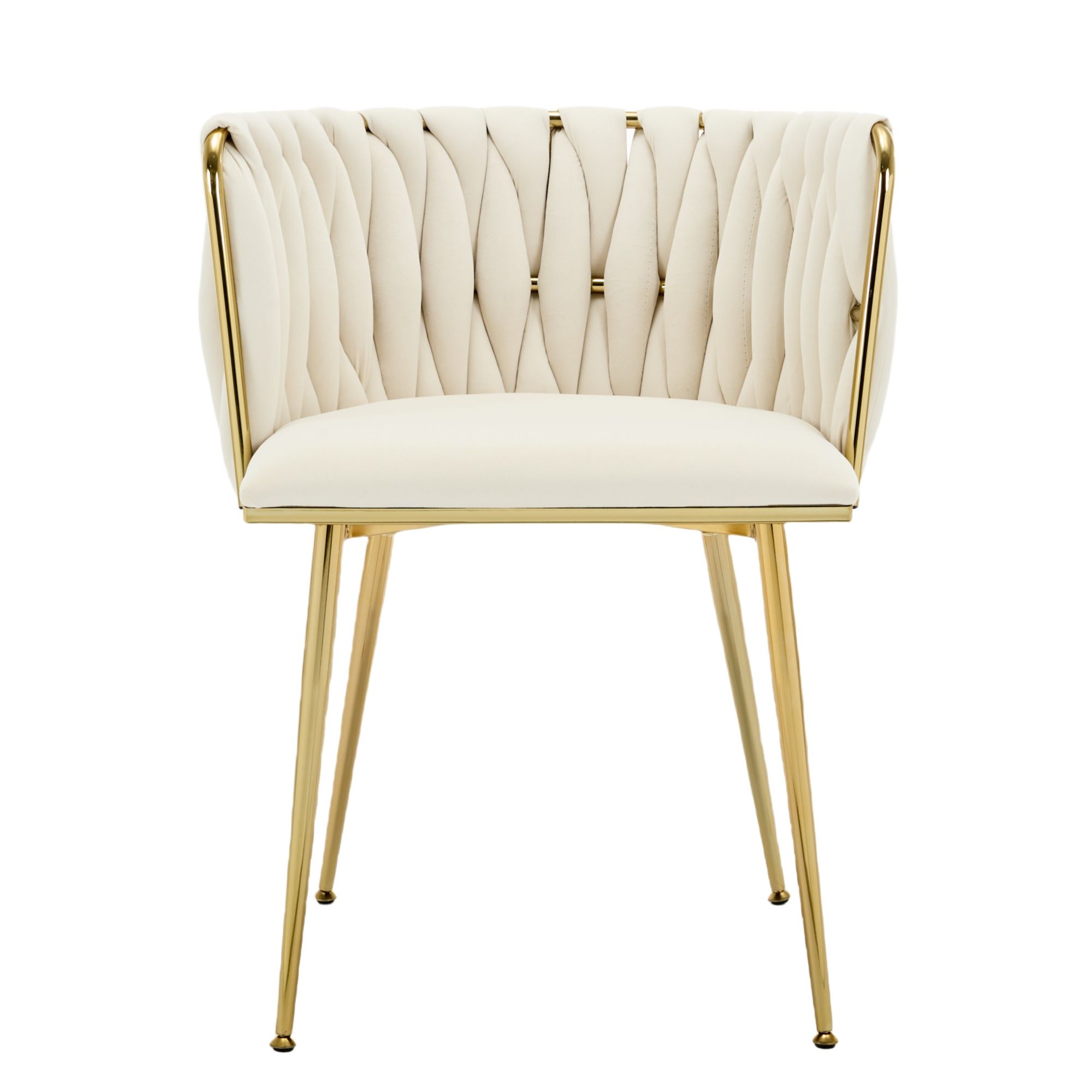 Set of 2 Velvet Upholstered Woven Dining Chairs with Golden Metal Legs, Beige - Image 4