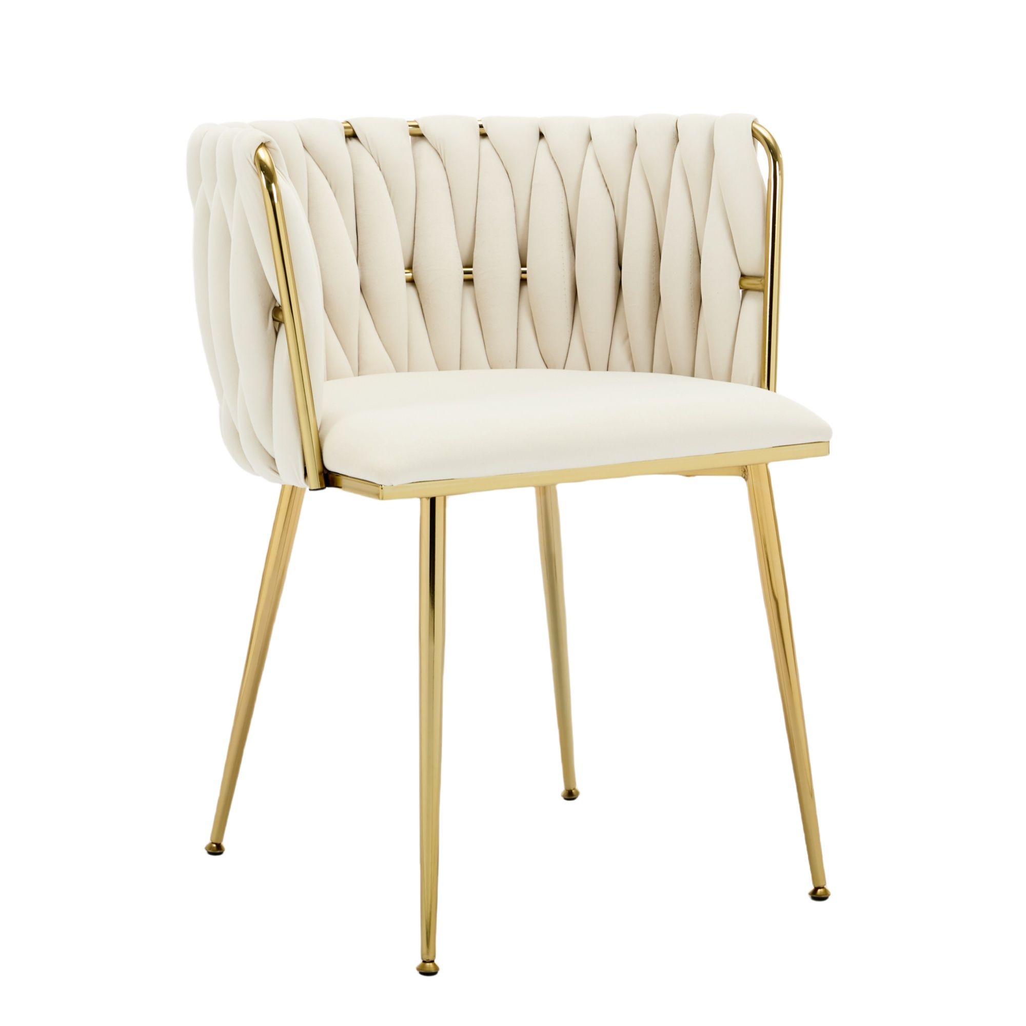 Set of 2 Velvet Upholstered Woven Dining Chairs with Golden Metal Legs, Beige - Image 5