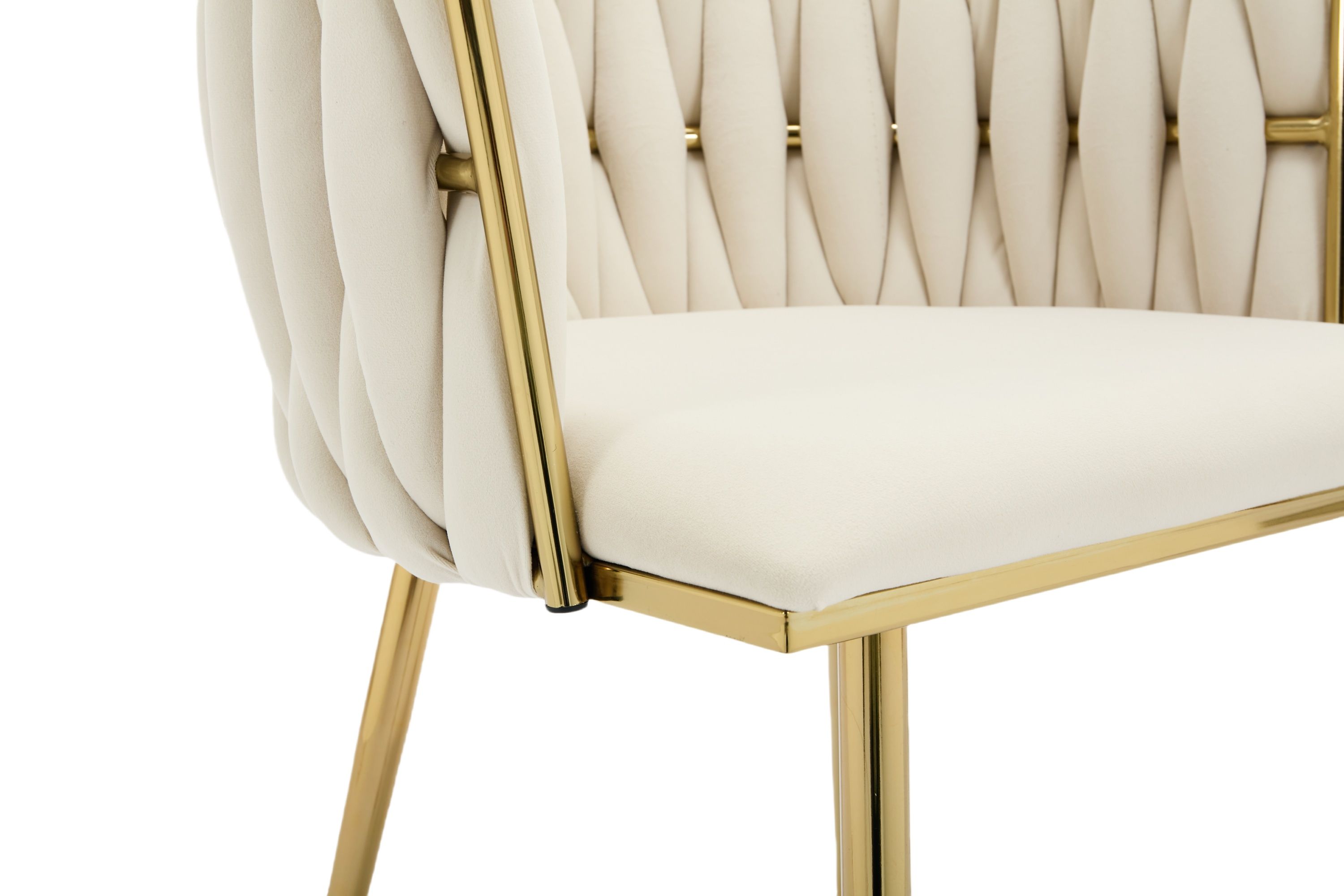 Set of 2 Velvet Upholstered Woven Dining Chairs with Golden Metal Legs, Beige - Image 8