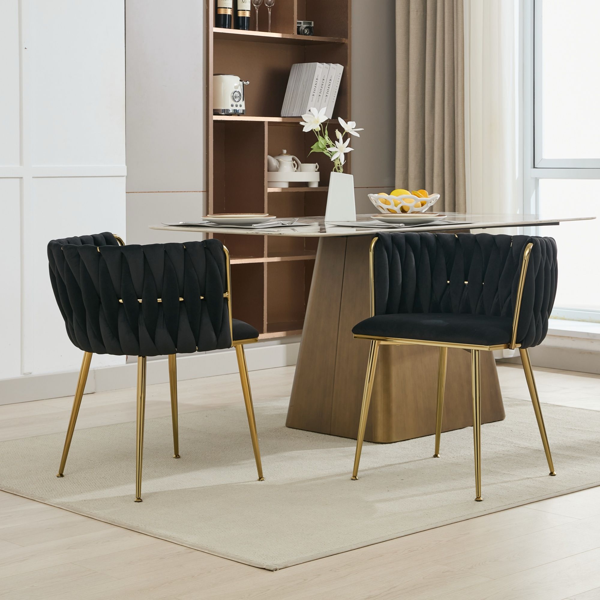 Set of 2 Velvet Upholstered Woven Dining Chairs with Golden Metal Legs, Black - Image 1