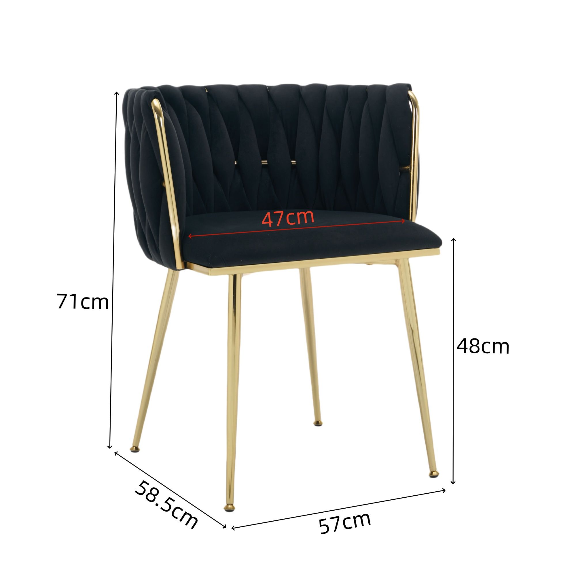 Set of 2 Velvet Upholstered Woven Dining Chairs with Golden Metal Legs, Black - Image 2