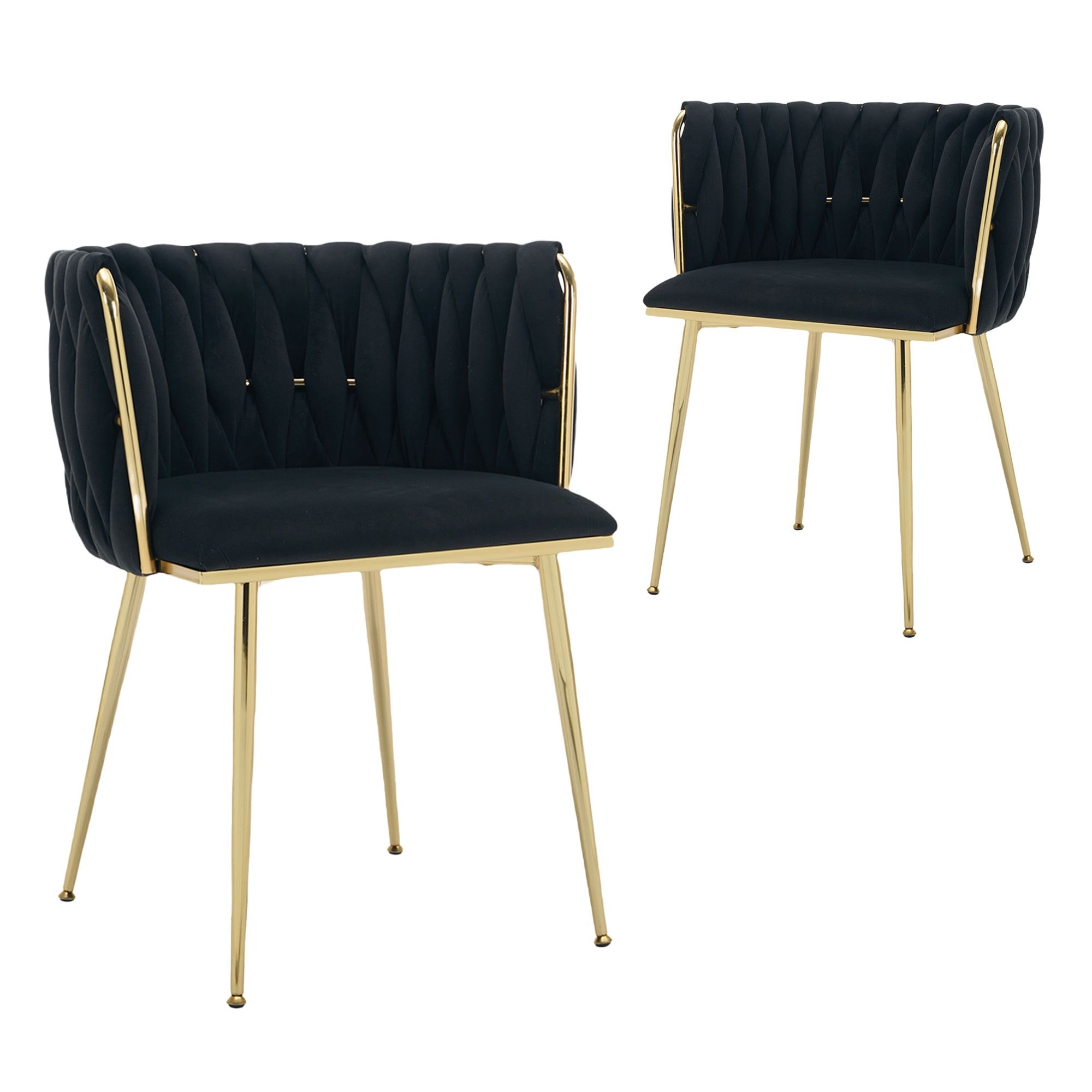 Set of 2 Velvet Upholstered Woven Dining Chairs with Golden Metal Legs, Black - Image 3