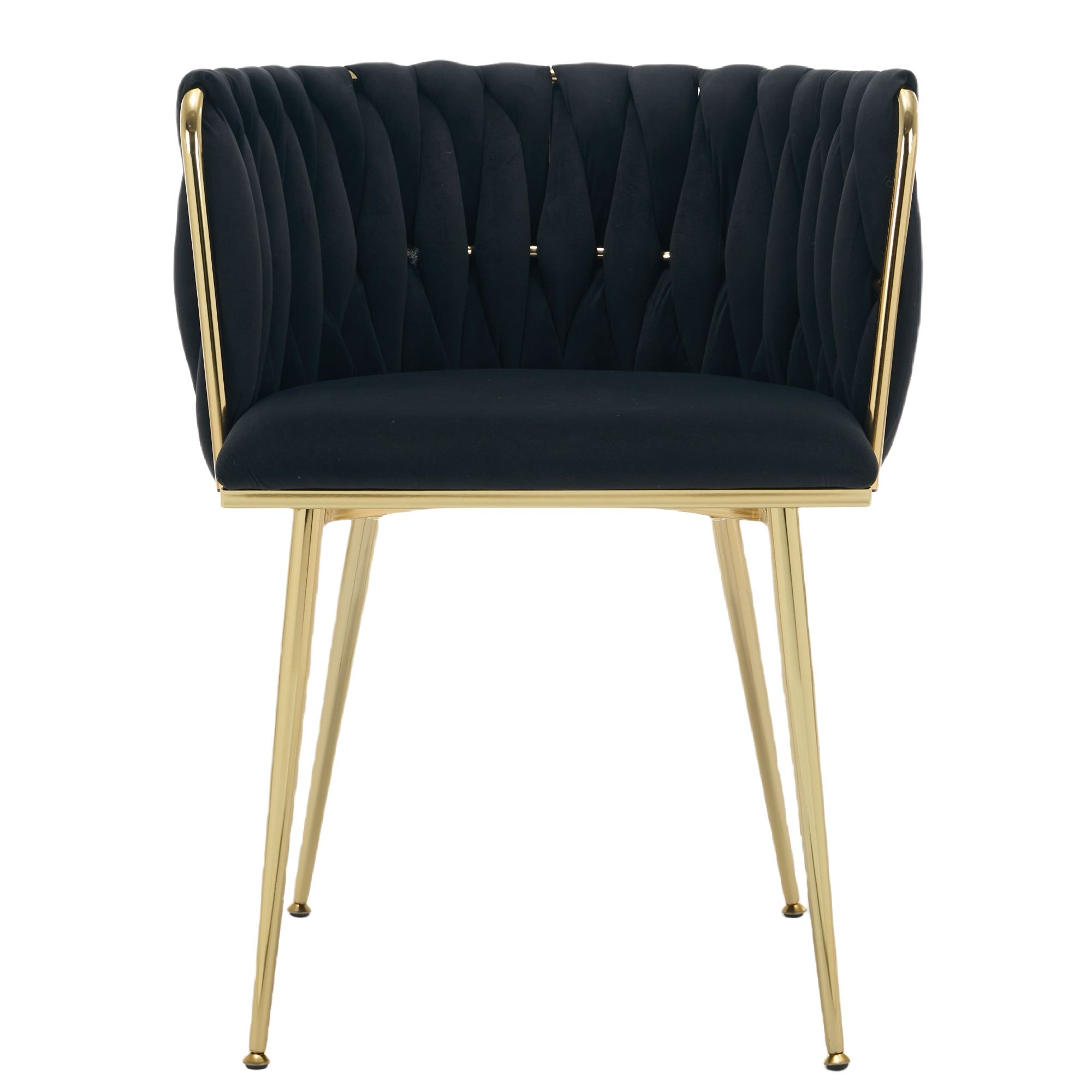 Set of 2 Velvet Upholstered Woven Dining Chairs with Golden Metal Legs, Black - Image 4
