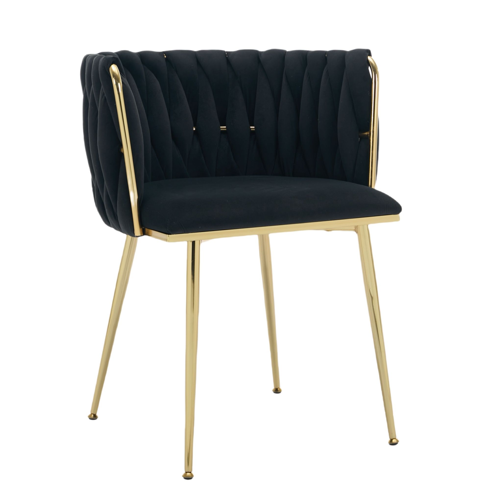Set of 2 Velvet Upholstered Woven Dining Chairs with Golden Metal Legs, Black - Image 5