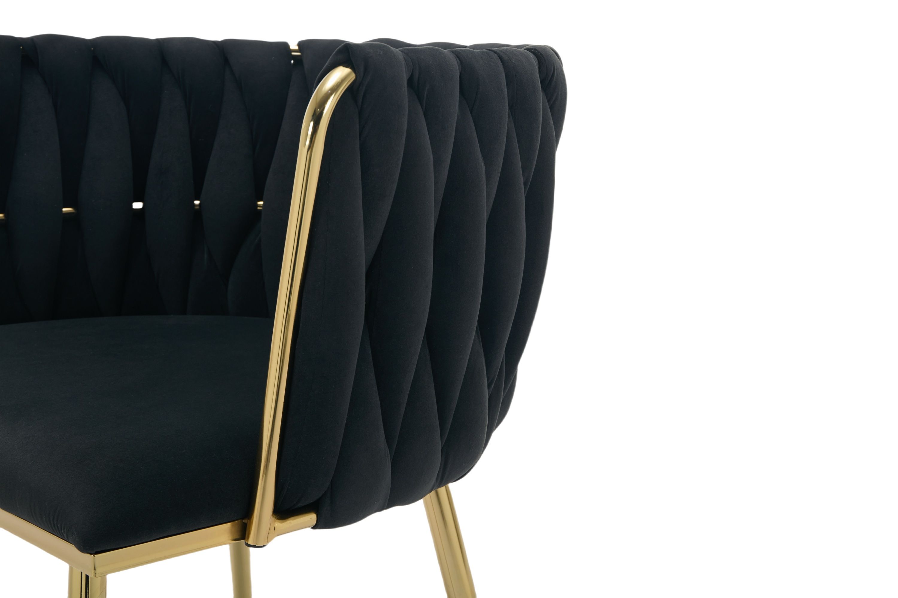 Set of 2 Velvet Upholstered Woven Dining Chairs with Golden Metal Legs, Black - Image 8