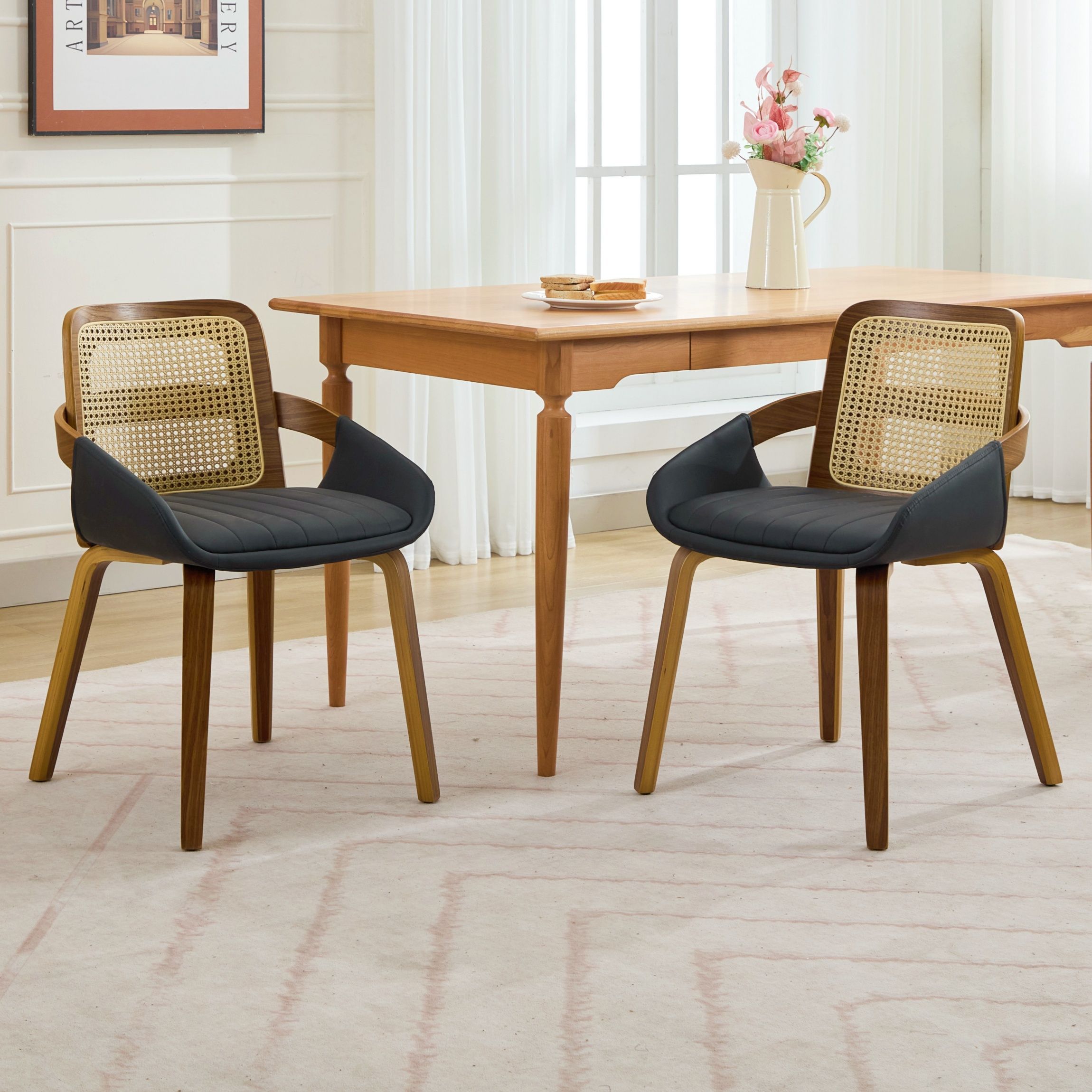 Set of 2 Rattan Back Dining Chairs, Black Faux Leather - Image 1