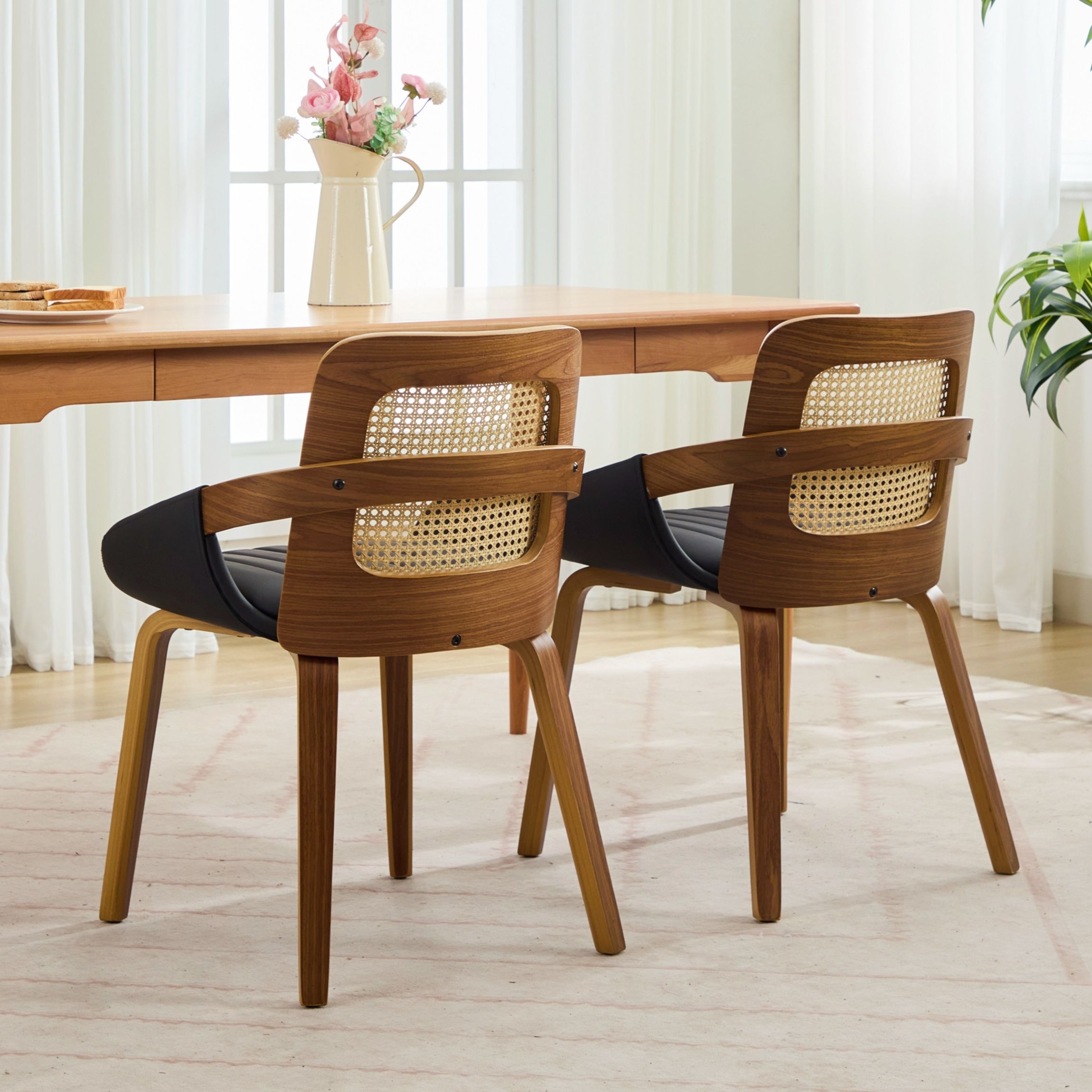 Set of 2 Rattan Back Dining Chairs, Black Faux Leather - Image 3