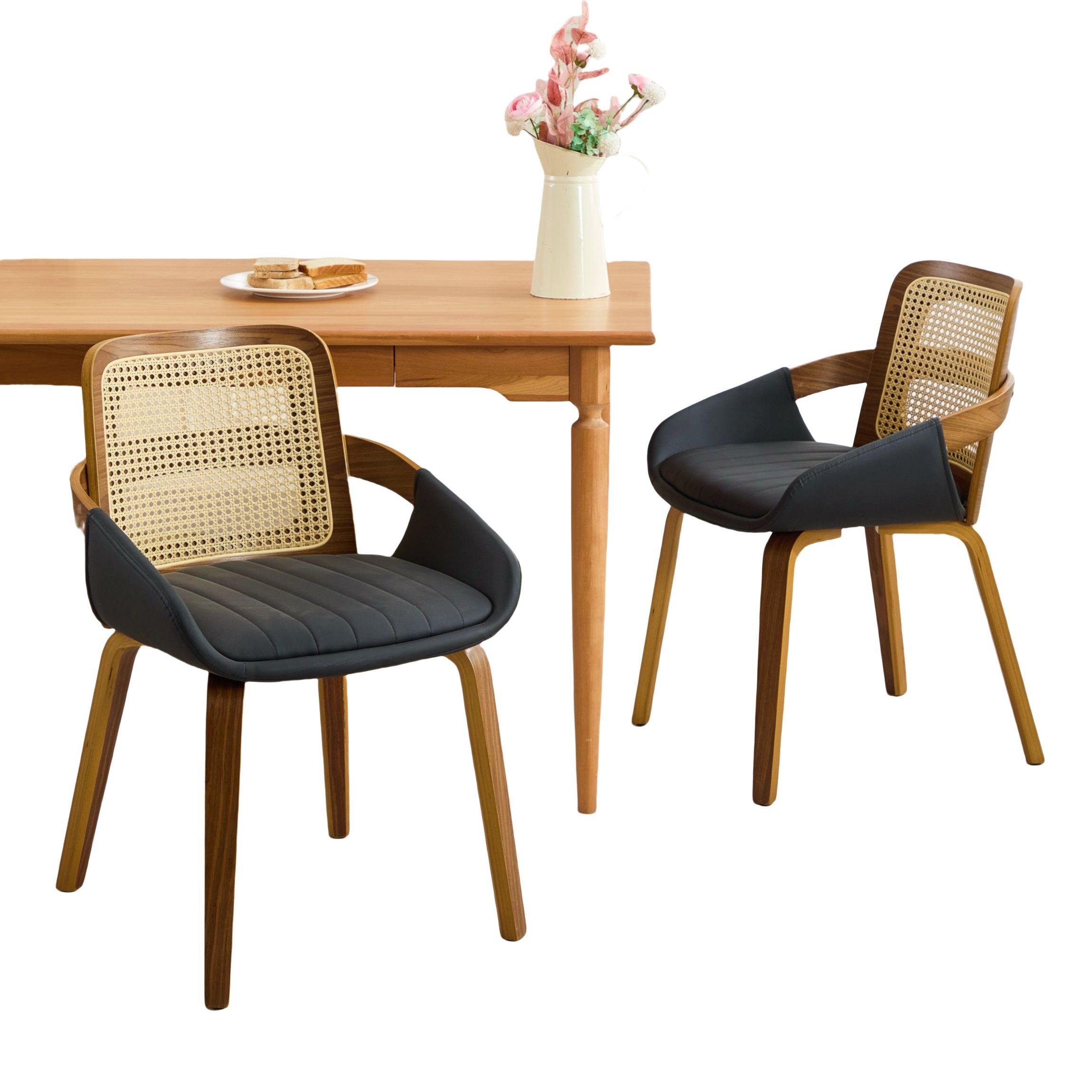 Set of 2 Rattan Back Dining Chairs, Black Faux Leather - Image 4