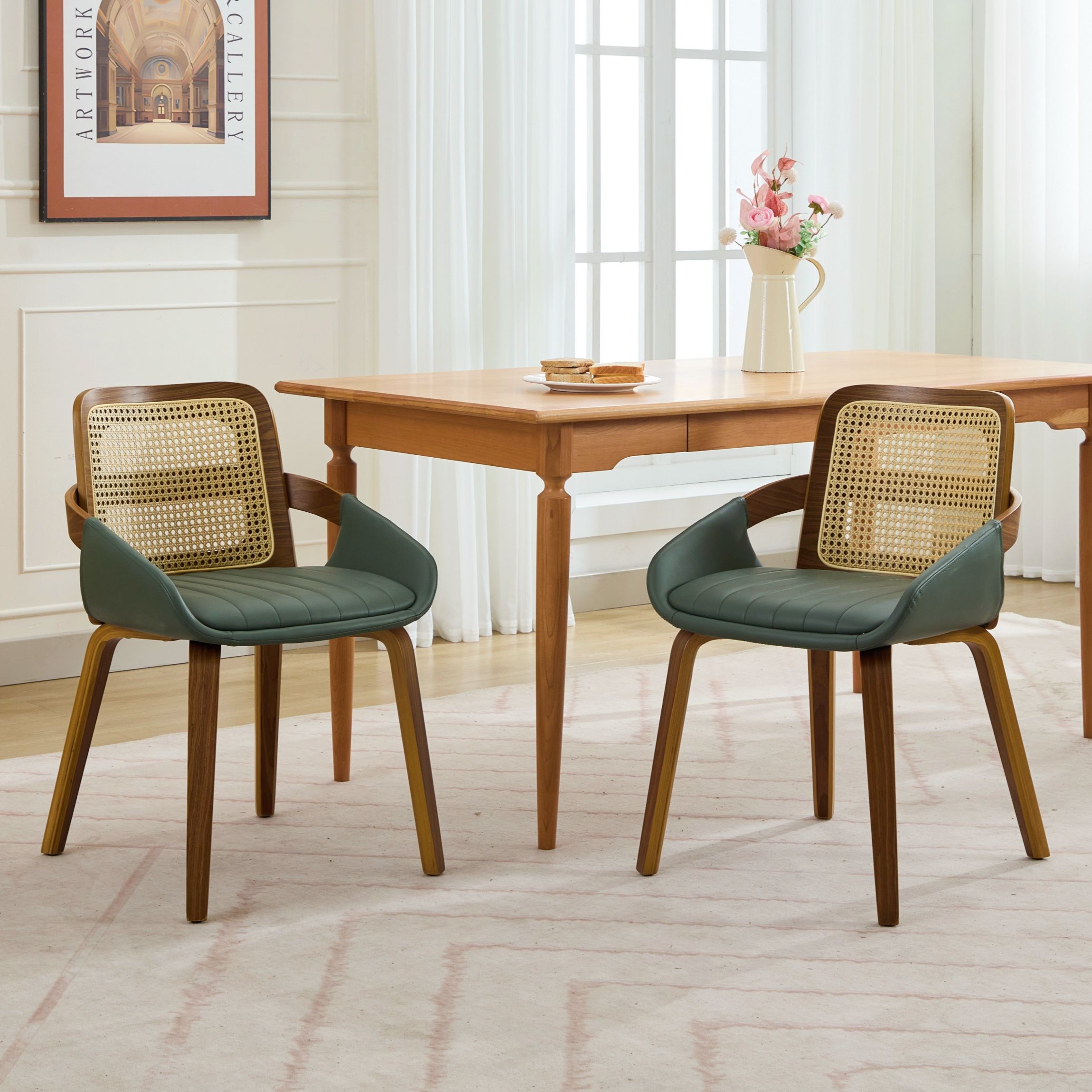 Set of 2 Rattan Back Dining Chairs, Green Faux Leather - Image 1