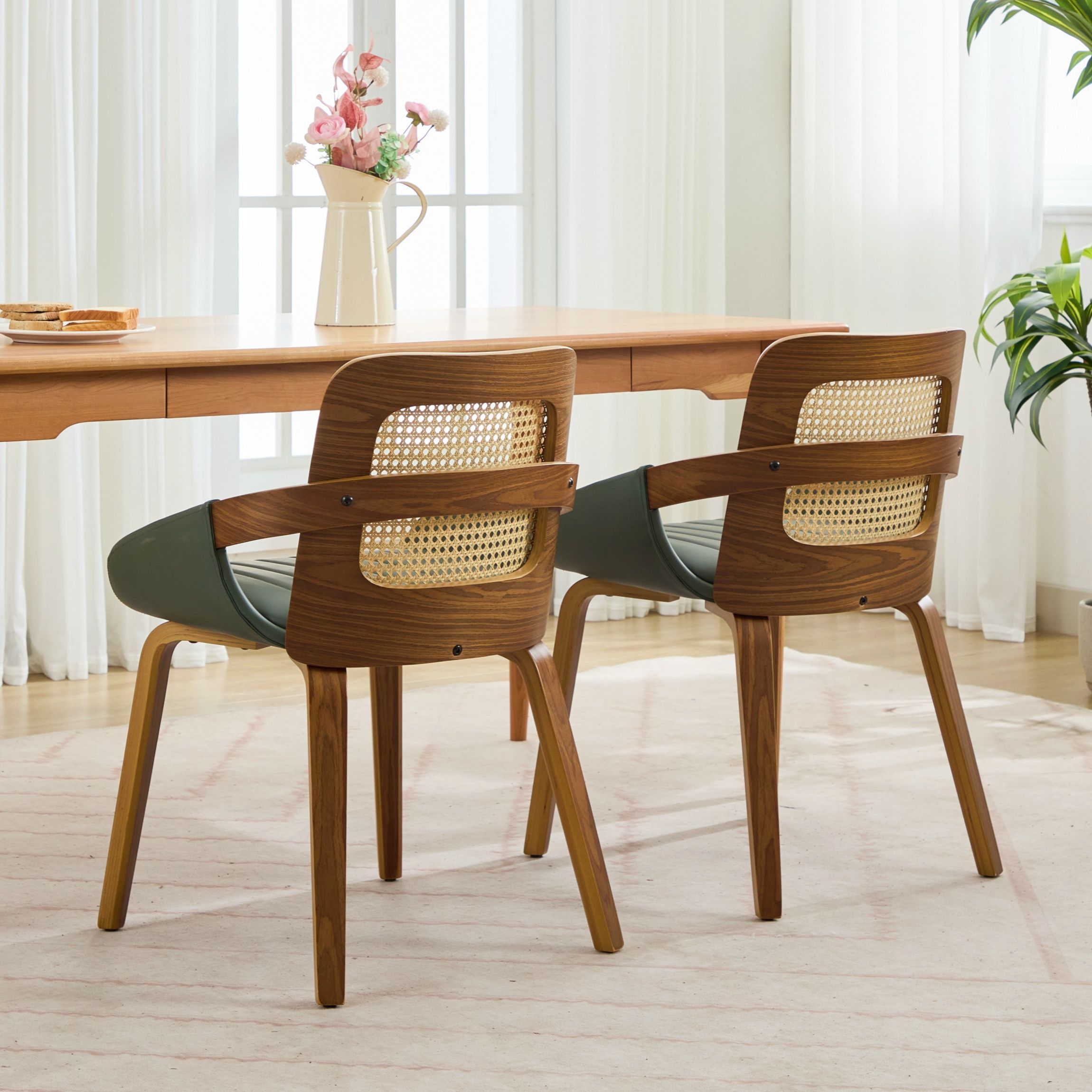 Set of 2 Rattan Back Dining Chairs, Green Faux Leather - Image 3