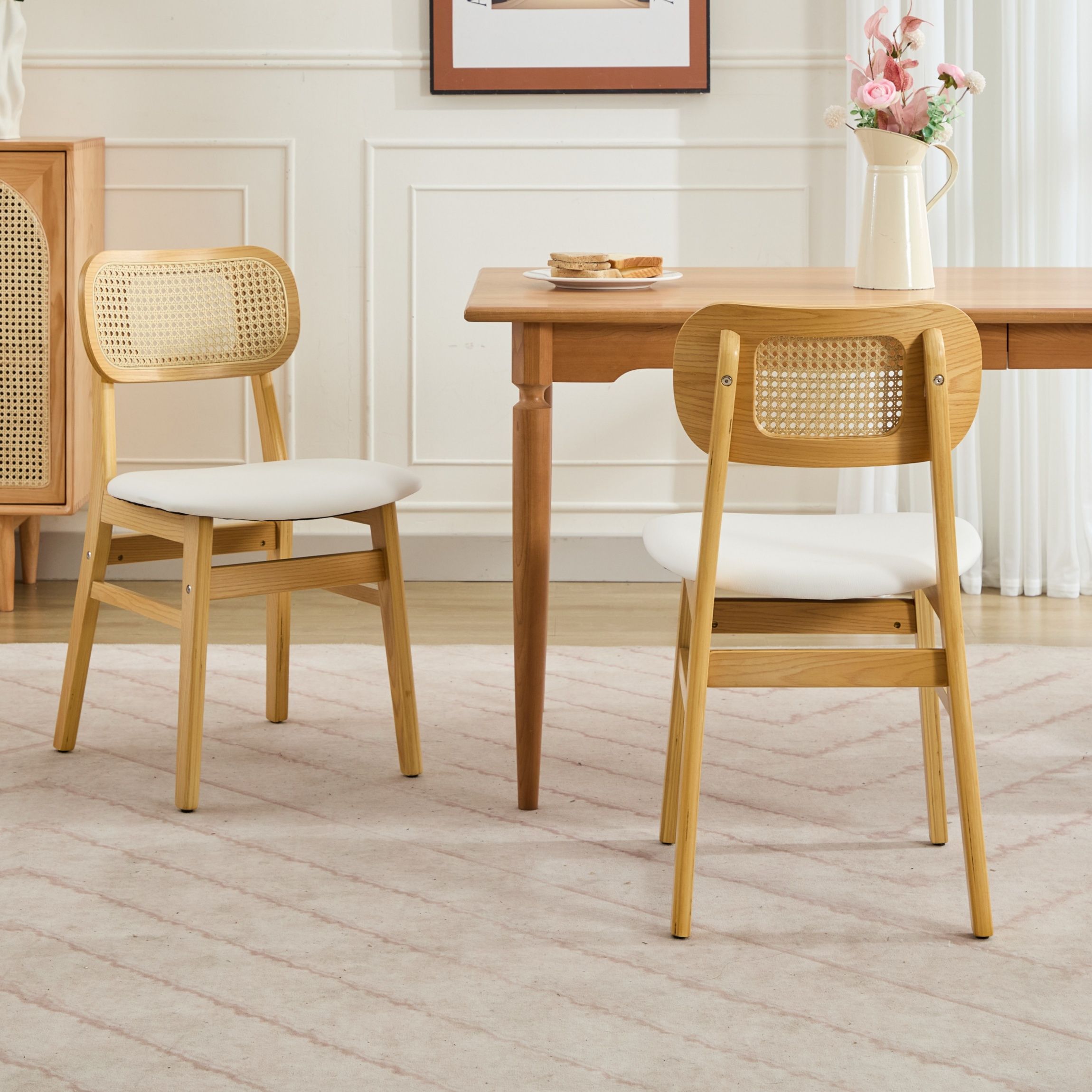 Rattan Back Dining Chairs Set of 2, White Faux Leather - Image 1