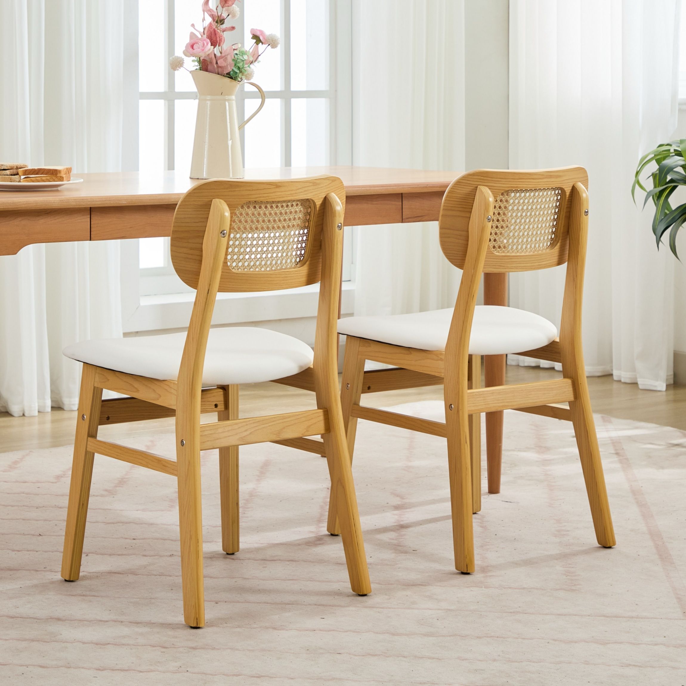 Rattan Back Dining Chairs Set of 2, White Faux Leather - Image 3