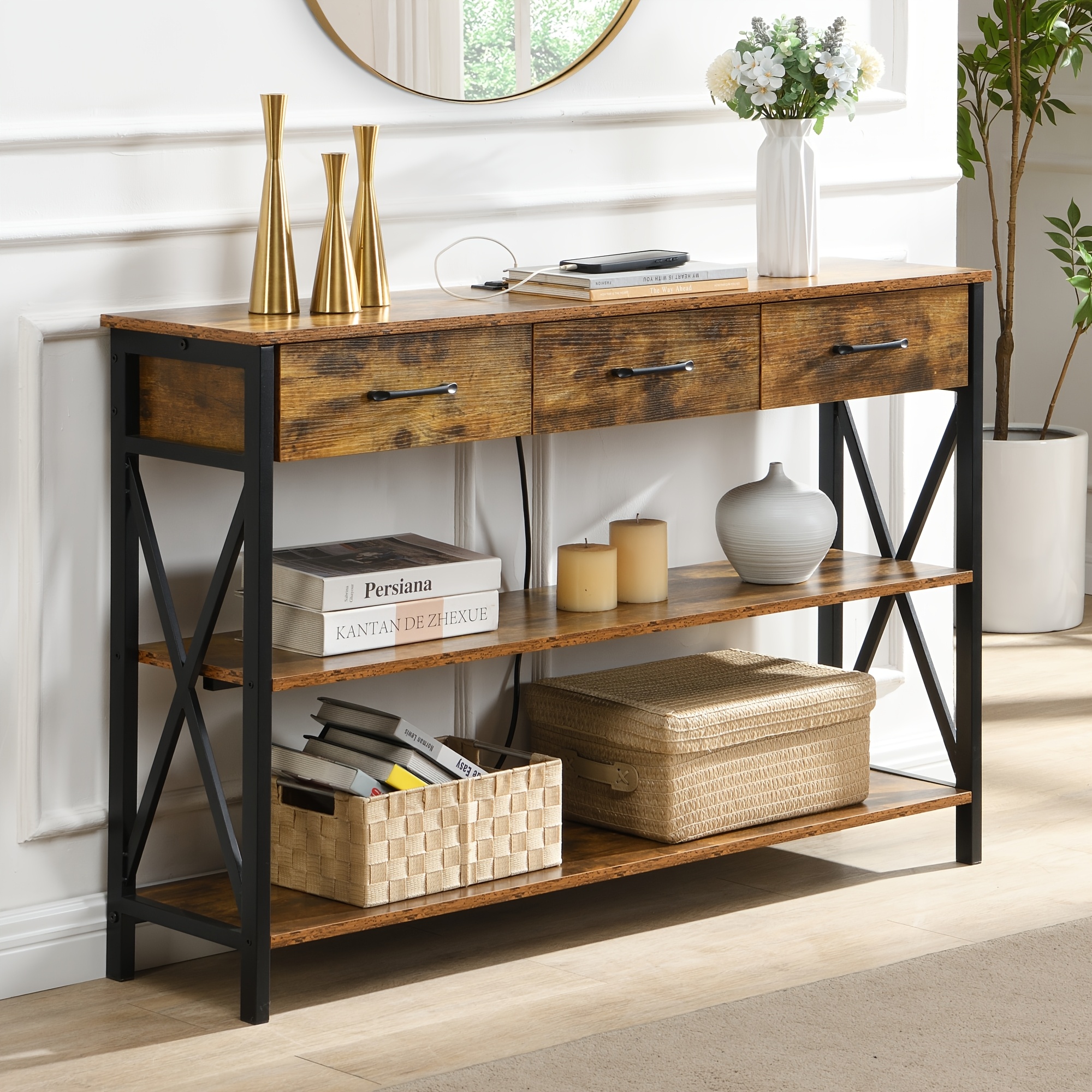 Console Table with 3 Drawers, Industrial Entryway Table with 3 Tier Storage Shelves - Image 1