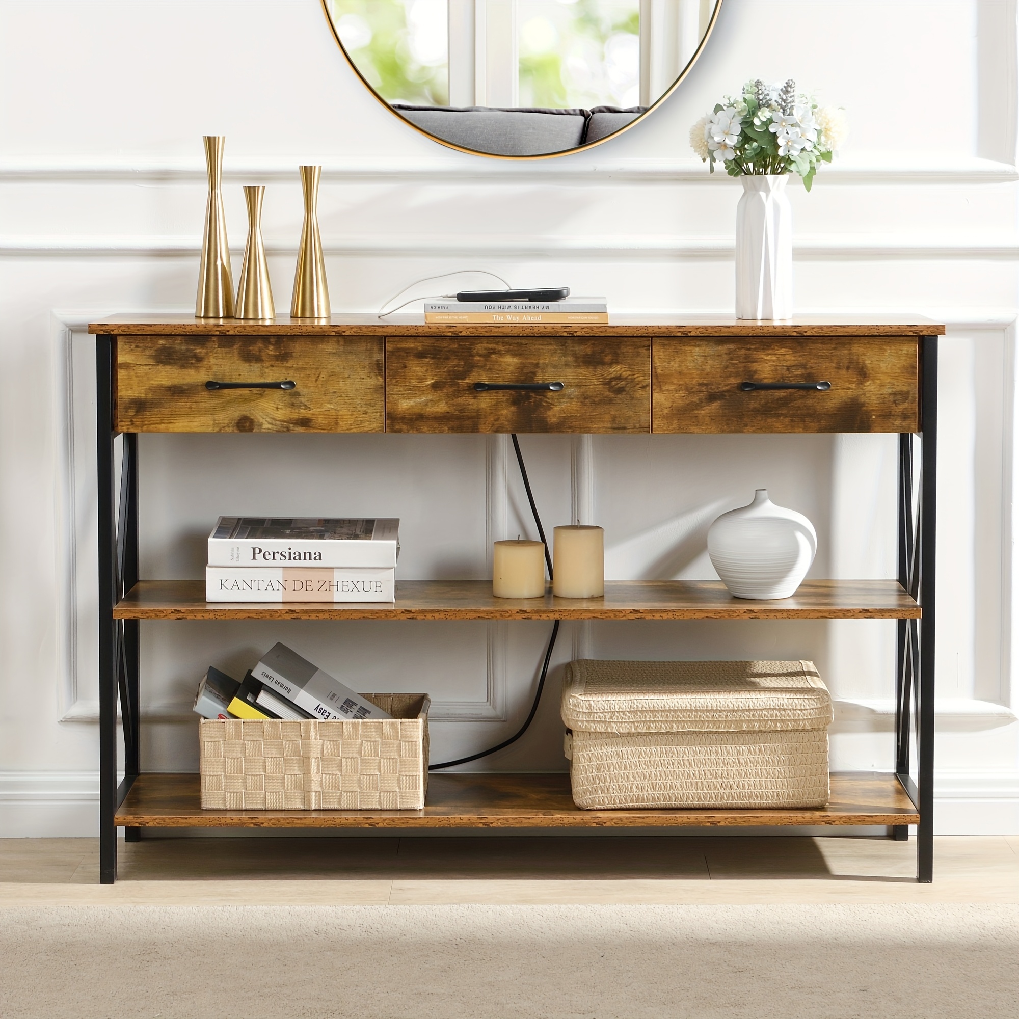 Console Table with 3 Drawers, Industrial Entryway Table with 3 Tier Storage Shelves - Image 3