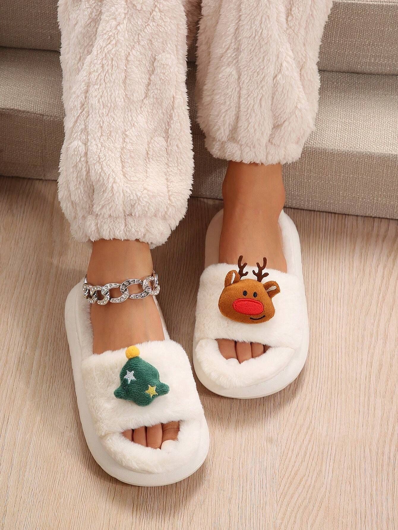 Christmas Cartoon Plush Slippers, Unisex Lightweight Thick-Soled Anti-Slip Fuzzy Slippers for Couples & Family(milky white-35-36) - Image 1