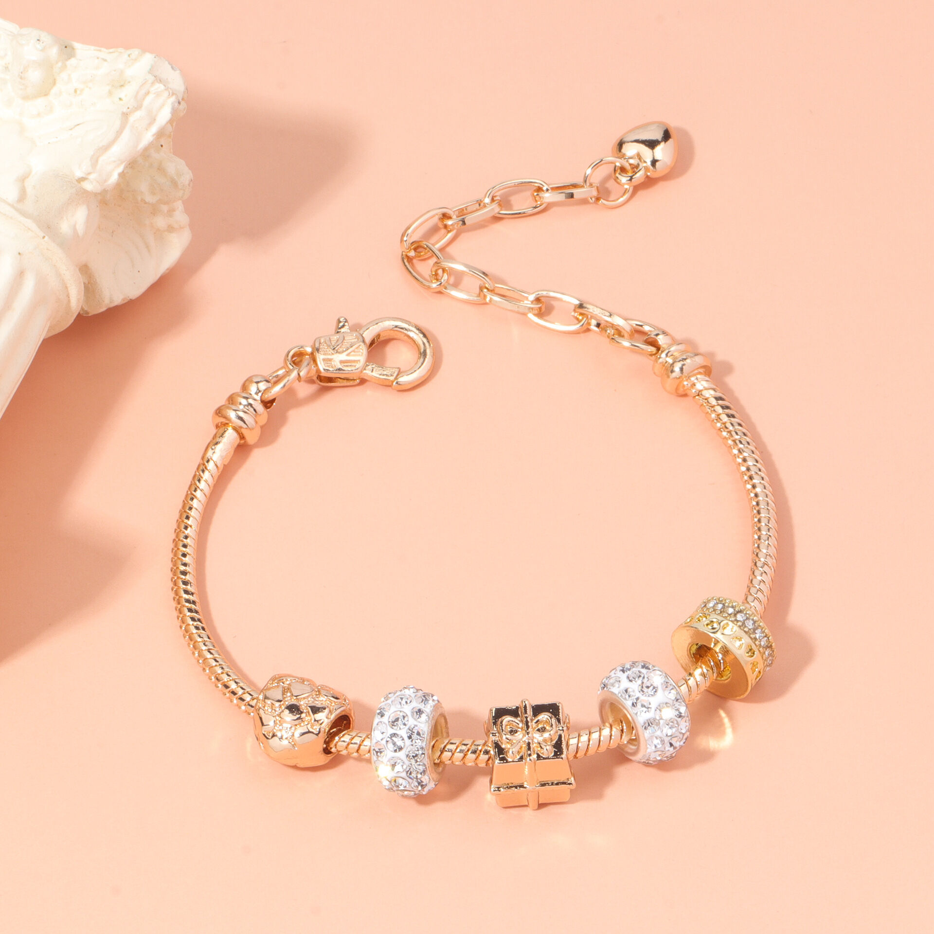 Rose Gold Crystal & Heart Charm Bracelet(rose gold,16cm) - Image 1